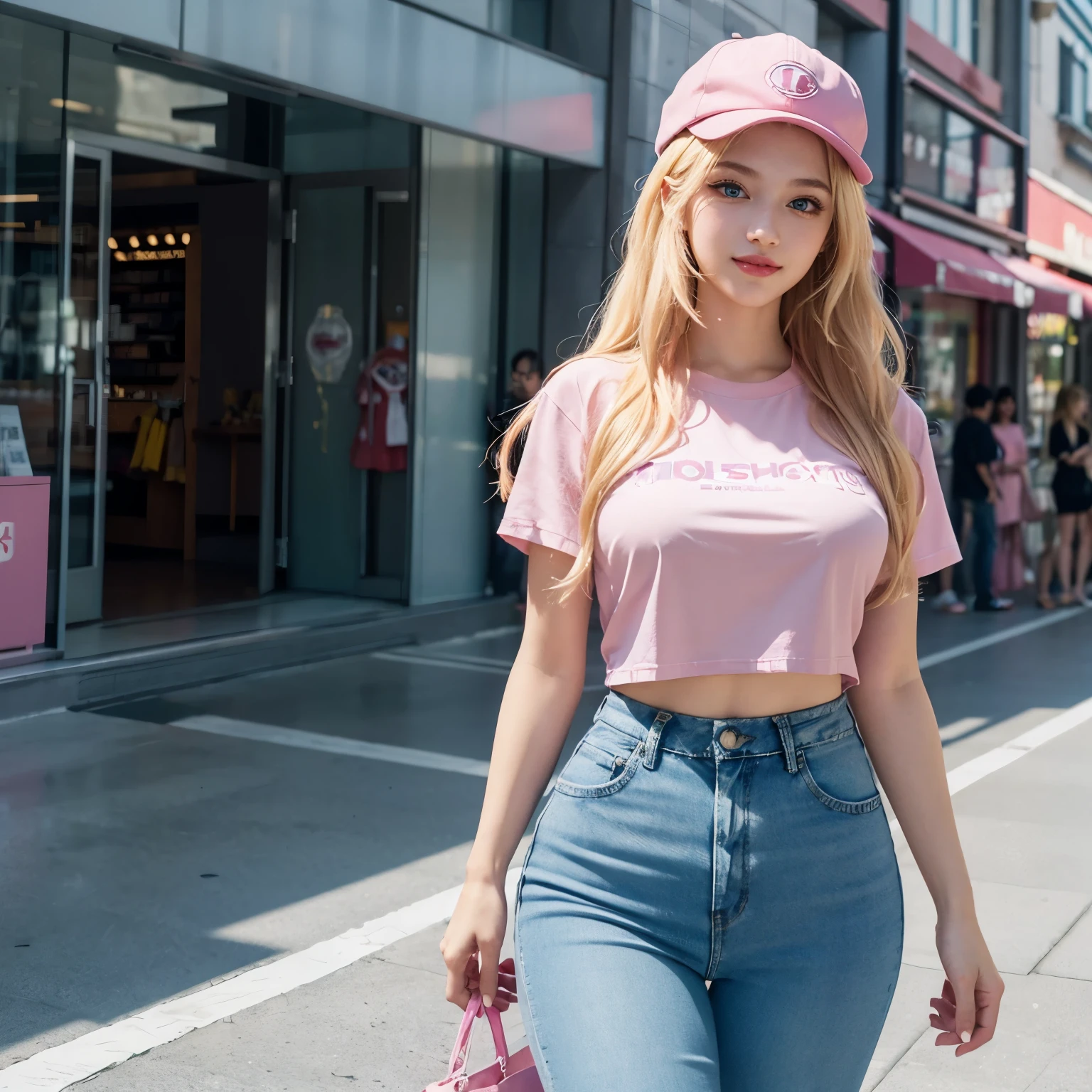 1girl, (Blue eyes), (Smile), (Sana Minatozaki), wide hips, Big , big ass, (Best Quality, 8k, Masterpiece: 1.3), perfect hands, Clear Focus: 1.2, Perfect Body Beauty: 1.4 , Slender Abs: 1.2, Highly detailed face and skin texture, detailed eyes, double eyelids, (pink makeup :1.1), (blonde long hair :1.2), (hot pink t-shirt), jeans, (pink sports cap), standing, dynamic pose, in a shopping center