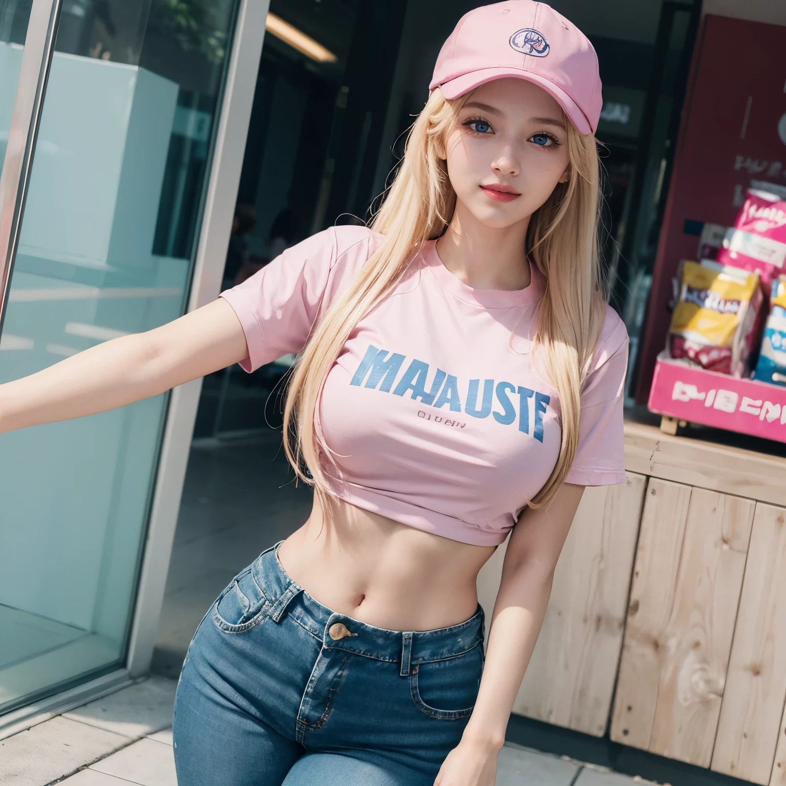 1girl, (Blue eyes), (Smile), (Sana Minatozaki), wide hips, Big , big ass, (Best Quality, 8k, Masterpiece: 1.3), perfect hands, Clear Focus: 1.2, Perfect Body Beauty: 1.4 , Slender Abs: 1.2, Highly detailed face and skin texture, detailed eyes, double eyelids, (pink makeup :1.1), (blonde long hair :1.2), (hot pink t-shirt), jeans, (pink sports cap), standing, dynamic pose, in a shopping center