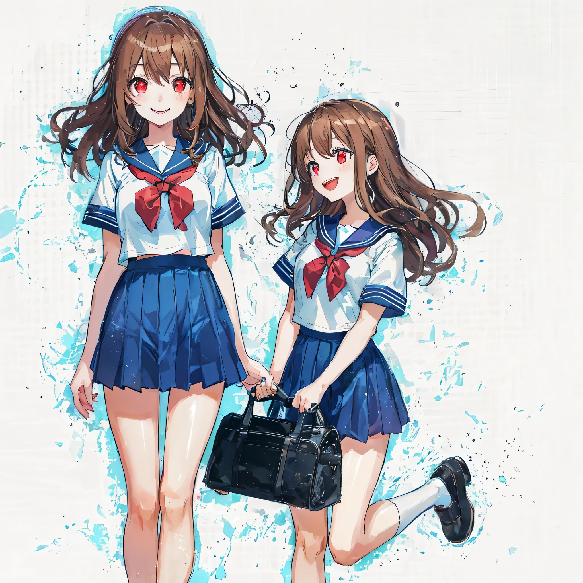 fine eyes,highlight,mouth,smile,high school,2 girl,sisters,girl,red eyes,exchanging smile,brown hair,masterpiece, highest quality,shape,sailor suit,slanted eyes,straight hair,side department,super dense skin,calf white socks,beautiful fine eyes,red eyes,,Plump : 1.3,look at each other