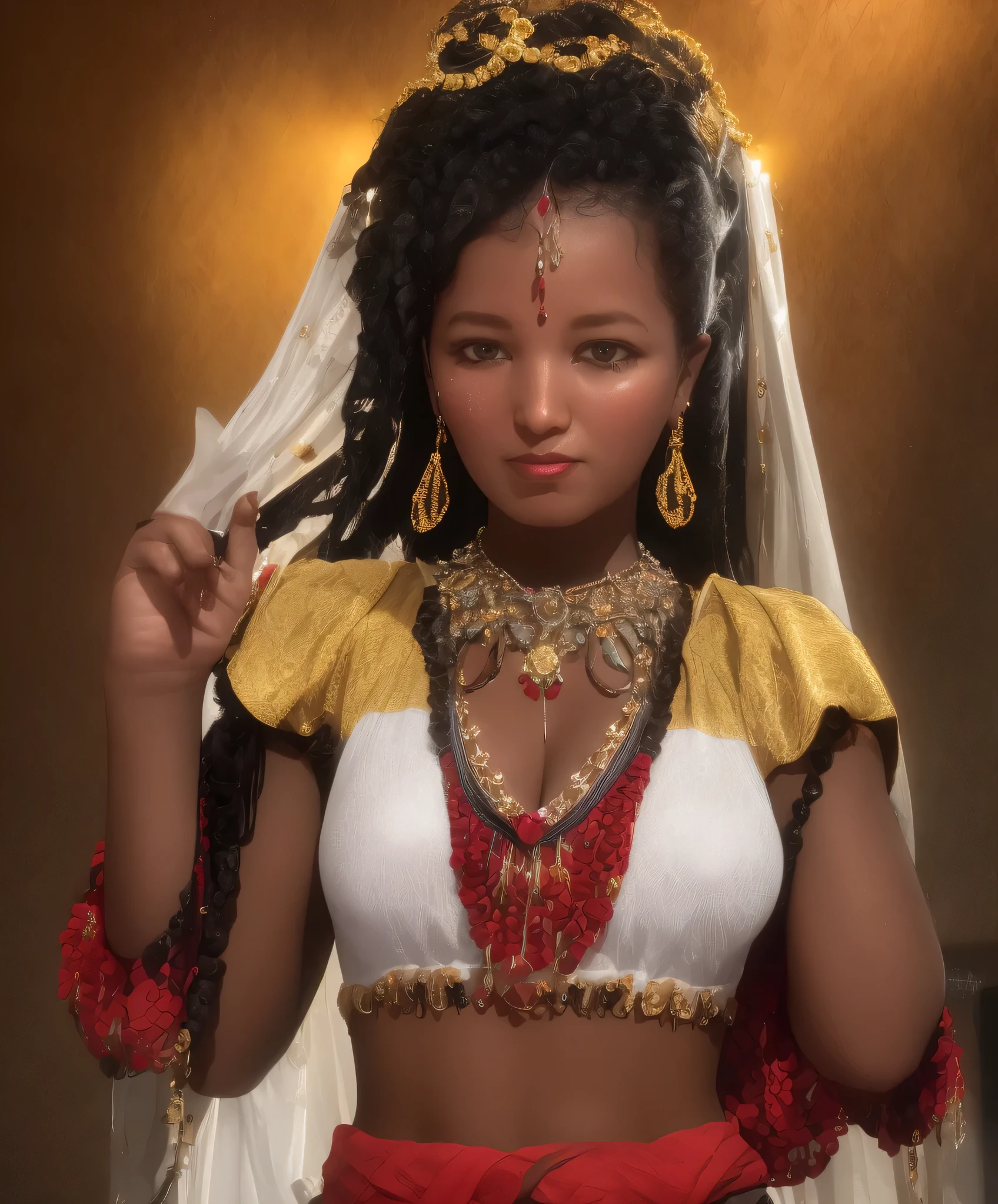 best quality, masterpiece, highres, 1girl,ethiopian,dress,hair ornament,necklace, jewelry,Beautiful face,upon_body, tyndall effect,photorealistic, dark studio, rim lighting, two tone lighting,(high detailed skin:1.2), 8k uhd, dslr, soft lighting, high quality, volumetric lighting, candid, Photograph, high resolution, 4k, 8k, melat