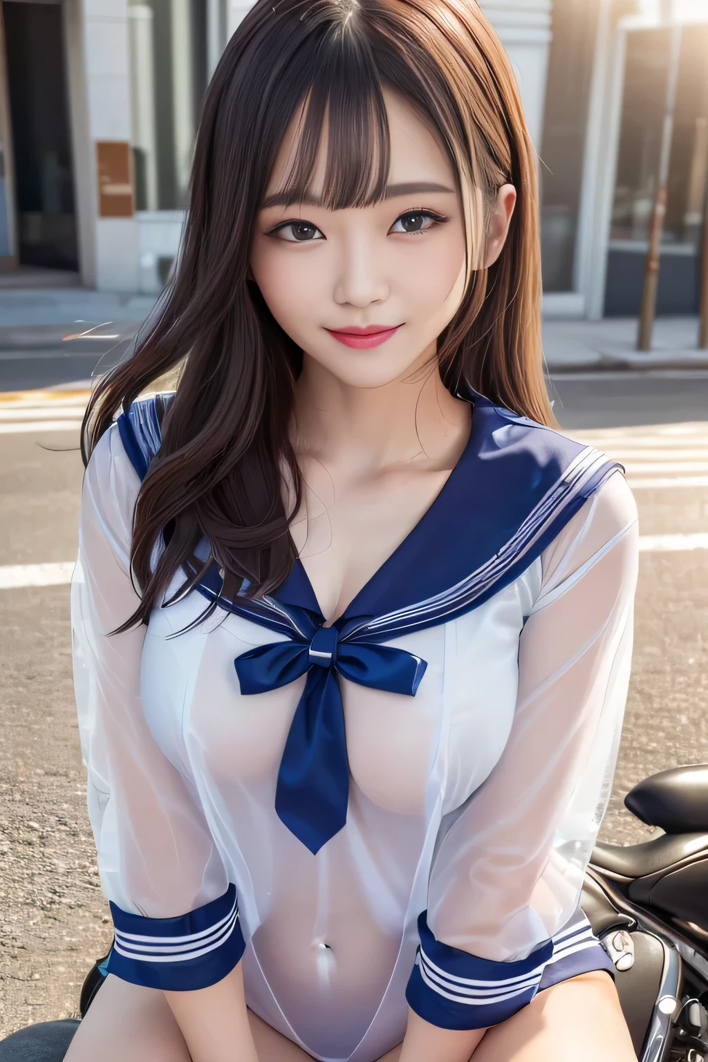 big and full 、(((A  white sailor suit that sticks to the ,school uniform:1.7))),(((A woman wearing a  sailor suit:1.7 ))),(((A woman riding a colorful custom-painted motorcycle through the city:1.3))), Shiny light brown and orange striped short hair,cute smile,perfect round face,A cheerful smile that makes the viewer happy,proper body proportions,table top,Ultra high quality output image,High resolution,intricate details,very delicate and beautiful hair,realistic pictures,dream-like,professional lighting,realistic shadow,focus only,beautiful hands,beautiful fingers,Detailed functions of fingers,Detailed features of the garment,Detailed characteristics of hair,detailed  features,(((emphasize the :1.3))),(dynamic angle),(dynamic and  pose),laughter、cute round face,,(table top,highest quality,超High resolutionの出力画像,) ,(8K quality,),(sea art 2 mode.1),(Image mode Ultra HD,)