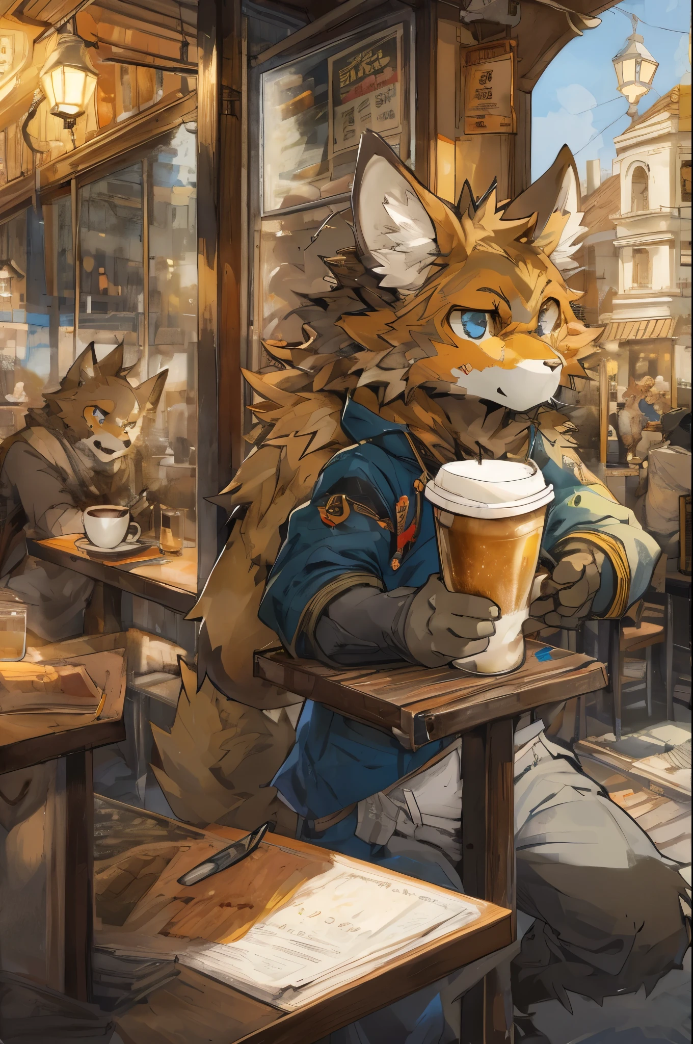 cover page, highres, top quality, best quality, paid reward available, unparalleled masterpiece, perfect artwork, absurdres, High-quality illustrations, super high resolution, detailed background, cafe, Terrace, drink, coffee, staff, absurdres, perfect anatomy, expression, good lighting, cinematic shadow(kemono, furry anthro),