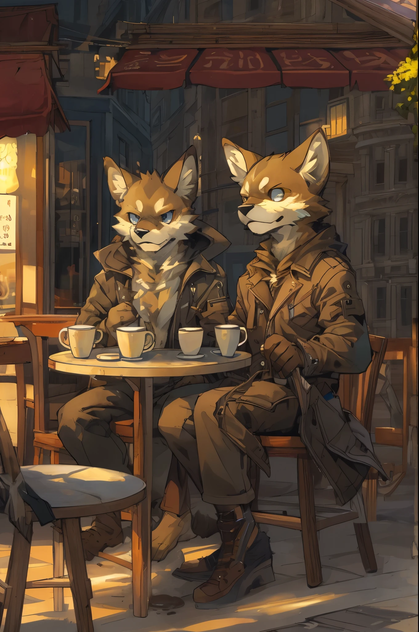 cover page, highres, top quality, best quality, paid reward available, unparalleled masterpiece, perfect artwork, absurdres, High-quality illustrations, super high resolution, detailed background, cafe, Terrace, drink, coffee, staff, absurdres, perfect anatomy, expression, good lighting, cinematic shadow(kemono, furry anthro),