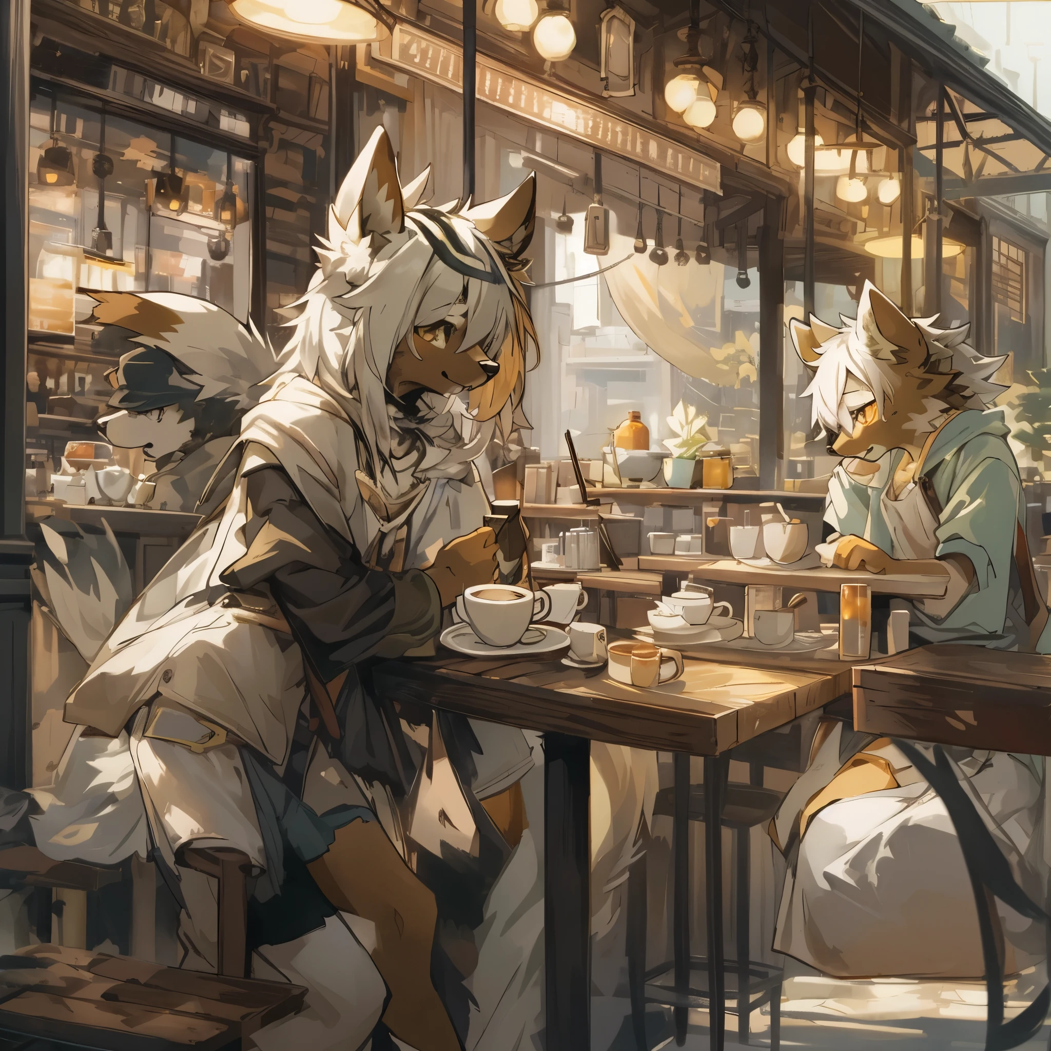 top quality, best quality, High-quality illustrations, masterpiece, super high resolution, detailed background, detailed background, cafe, Terrace, drink, coffee, staff, absurdres, perfect anatomy, expression, good lighting, cinematic shadow(kemono, furry anthro),