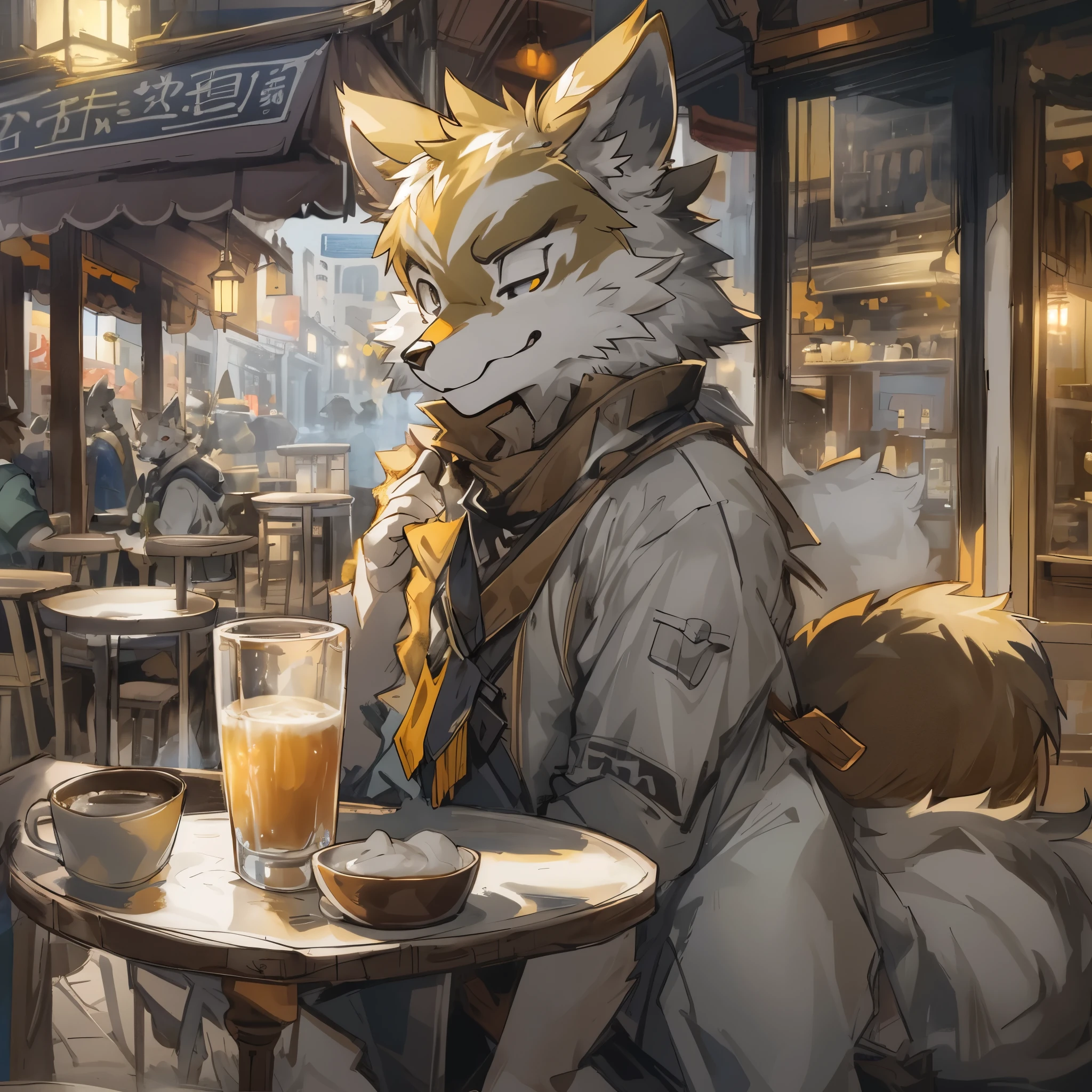 top quality, best quality, High-quality illustrations, masterpiece, super high resolution, detailed background, detailed background, cafe, Terrace, drink, coffee, staff, absurdres, perfect anatomy, expression, good lighting, cinematic shadow(kemono, furry anthro),