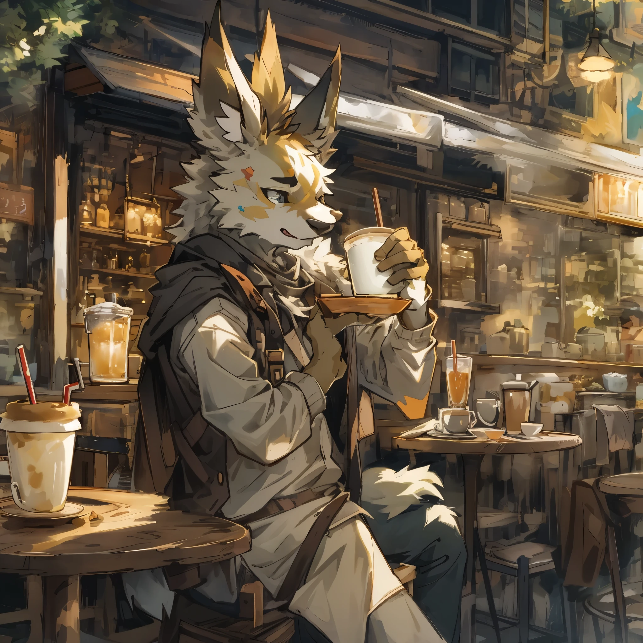 top quality, best quality, High-quality illustrations, masterpiece, super high resolution, detailed background, detailed background, cafe, Terrace, drink, coffee, staff, absurdres, perfect anatomy, expression, good lighting, cinematic shadow(kemono, furry anthro),
