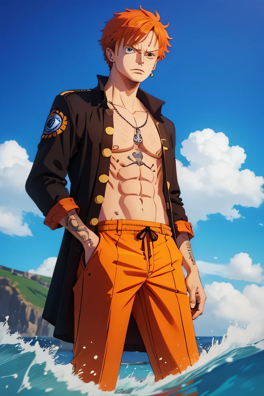 portgas D. Ace, handsome, wearing his hat, spade "Ace tatto" on his left upper arm, tatto visible, smooth colors, anime style, far shot, head to waist body shot, left side view