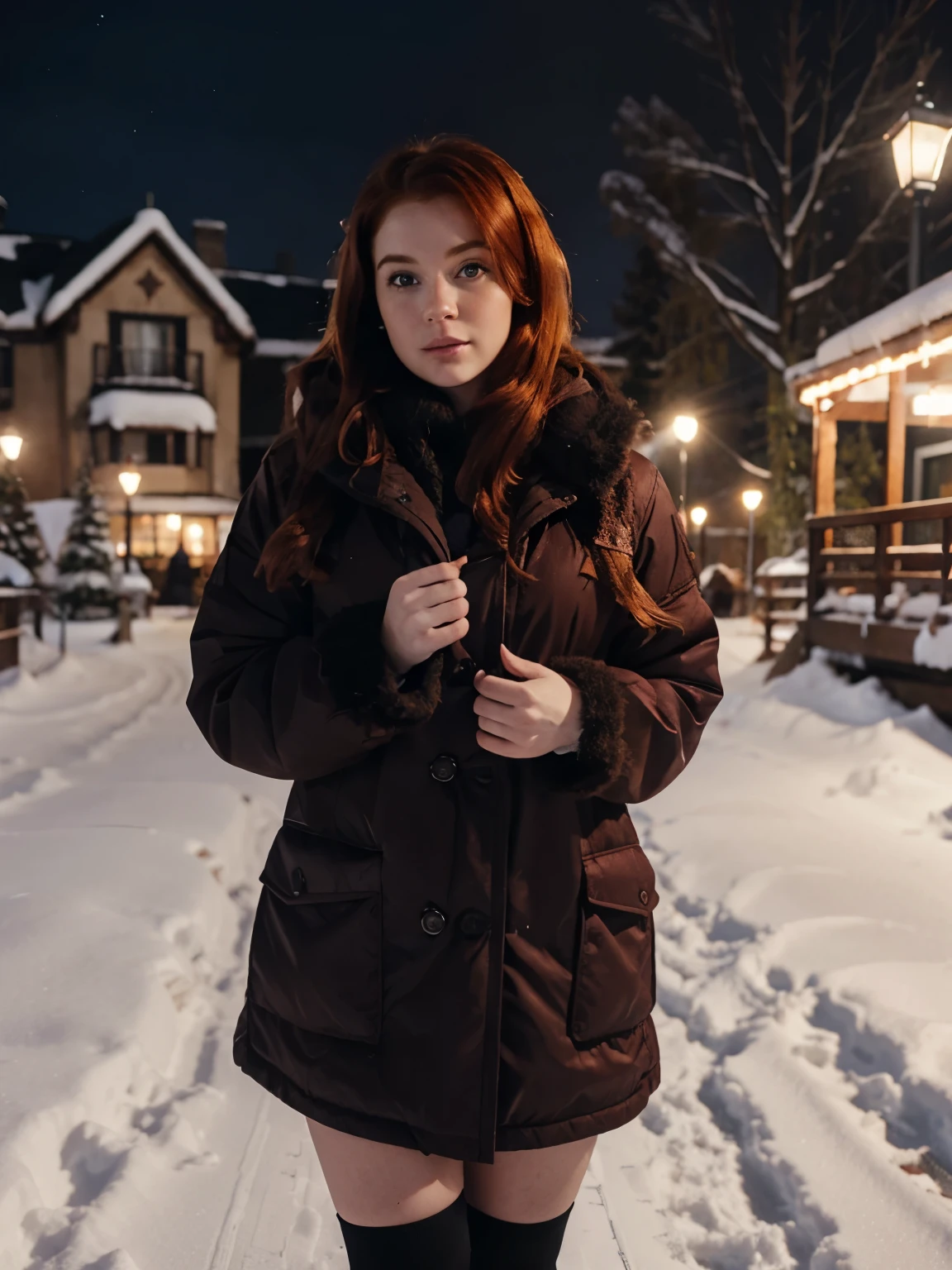 Thick redhair girl, redhead girl, wearing winter sexy clothes in the snow, at night