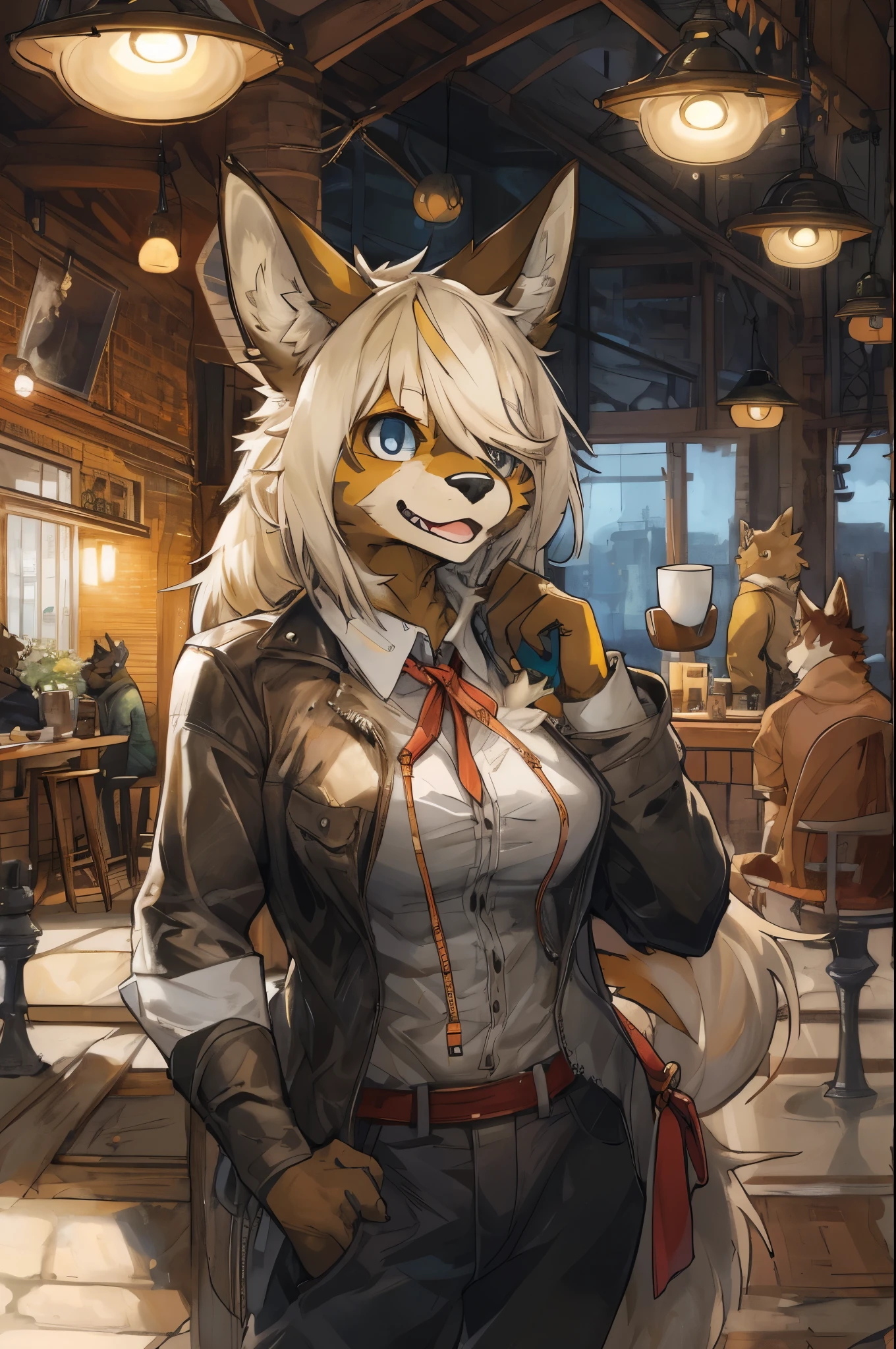 cover page, highres, top quality, best quality, paid reward available, unparalleled masterpiece, perfect artwork, absurdres, High-quality illustrations, super high resolution, detailed background, cafe, Terrace, drink, coffee, staff, absurdres, perfect anatomy, expression, good lighting, cinematic shadow(kemono, furry anthro),