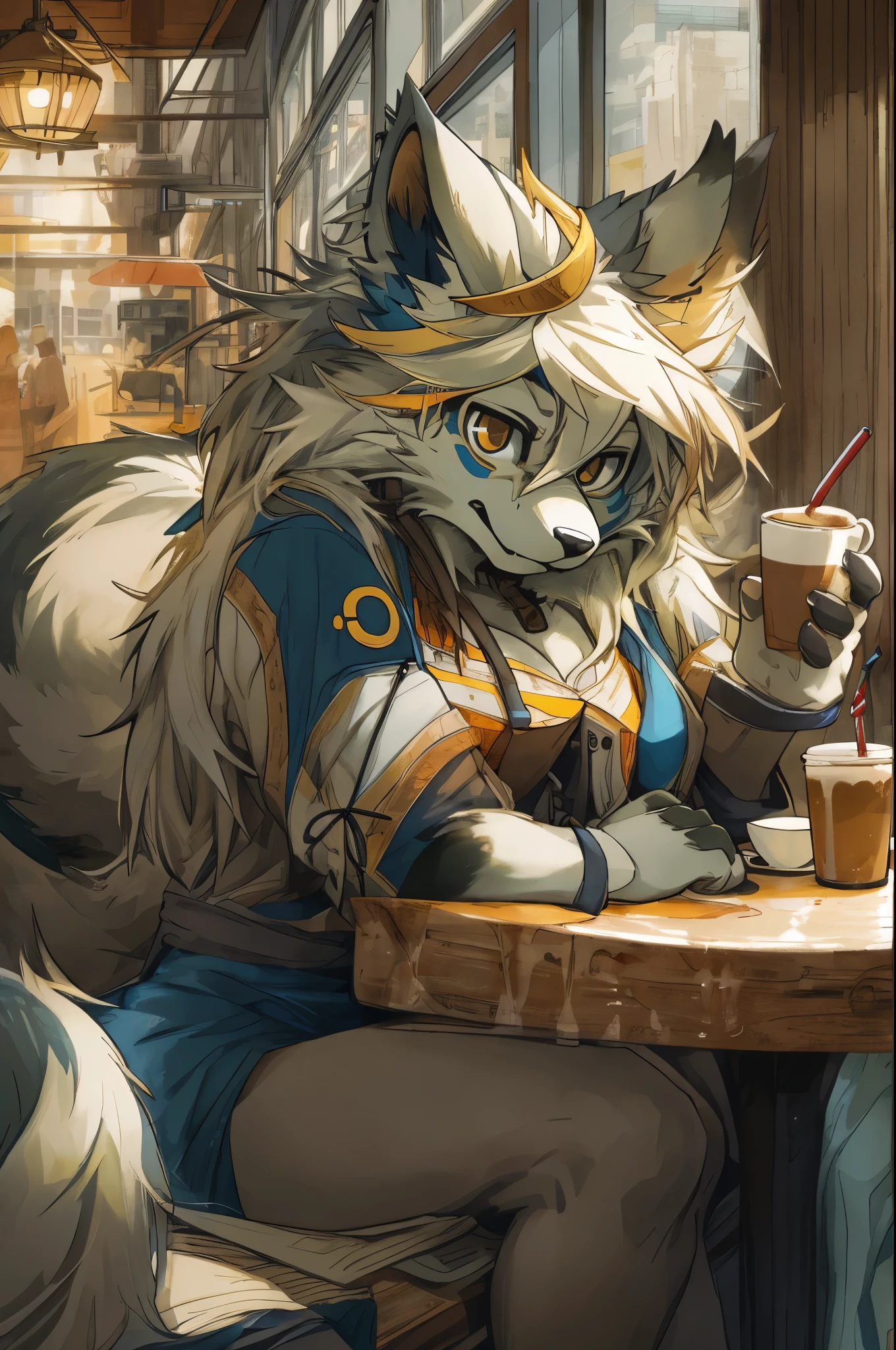 cover page, highres, top quality, best quality, paid reward available, unparalleled masterpiece, perfect artwork, absurdres, High-quality illustrations, super high resolution, detailed background, cafe, Terrace, drink, coffee, staff, absurdres, perfect anatomy, expression, good lighting, cinematic shadow(kemono, furry anthro),