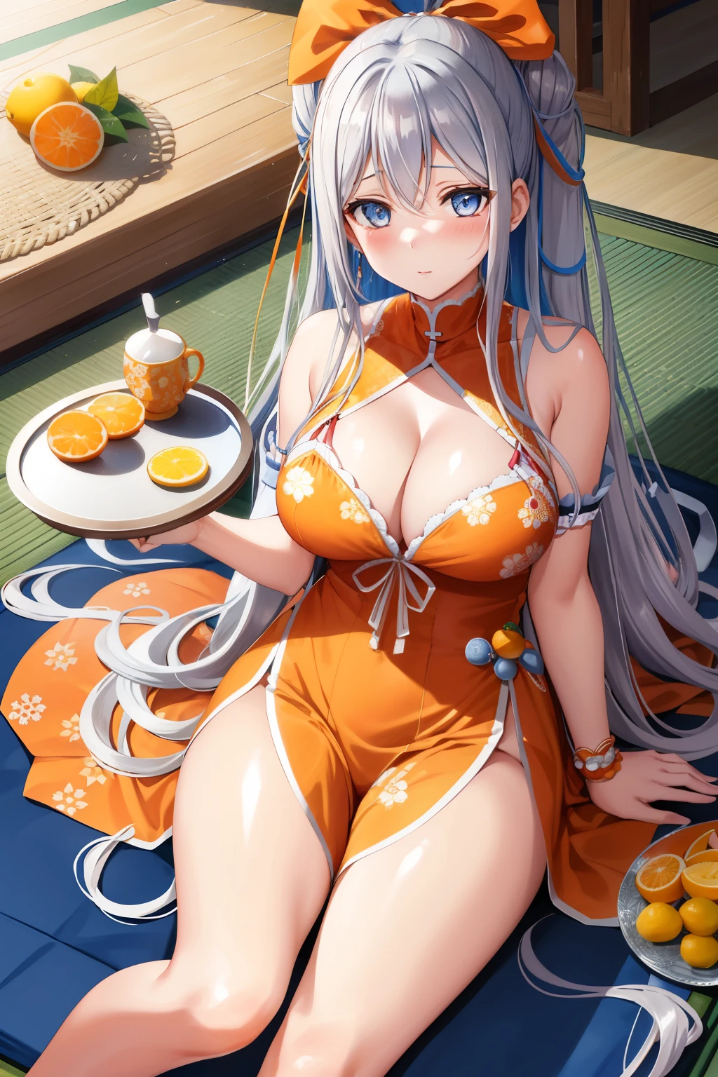 Mikan Tsumiki, a character from Danganronpa, is depicted in this image as she sits relaxed on a tatami mat floor with intricate patterns, her legs crossed elegantly. A tray of citrus fruits, her signature item, sits on the table next to her. Mikan's expression is serene and content, with her piercing blue eyes gazing off into the distance. Her long, wavy silver hair cascades down her back, contrasting with her bright orange outfit adorned with mikan fruit designs.
This masterpiece captures Mikan's unique charm and beauty, with best quality details that bring out her intricate facial features and expressive eyes. The perfect