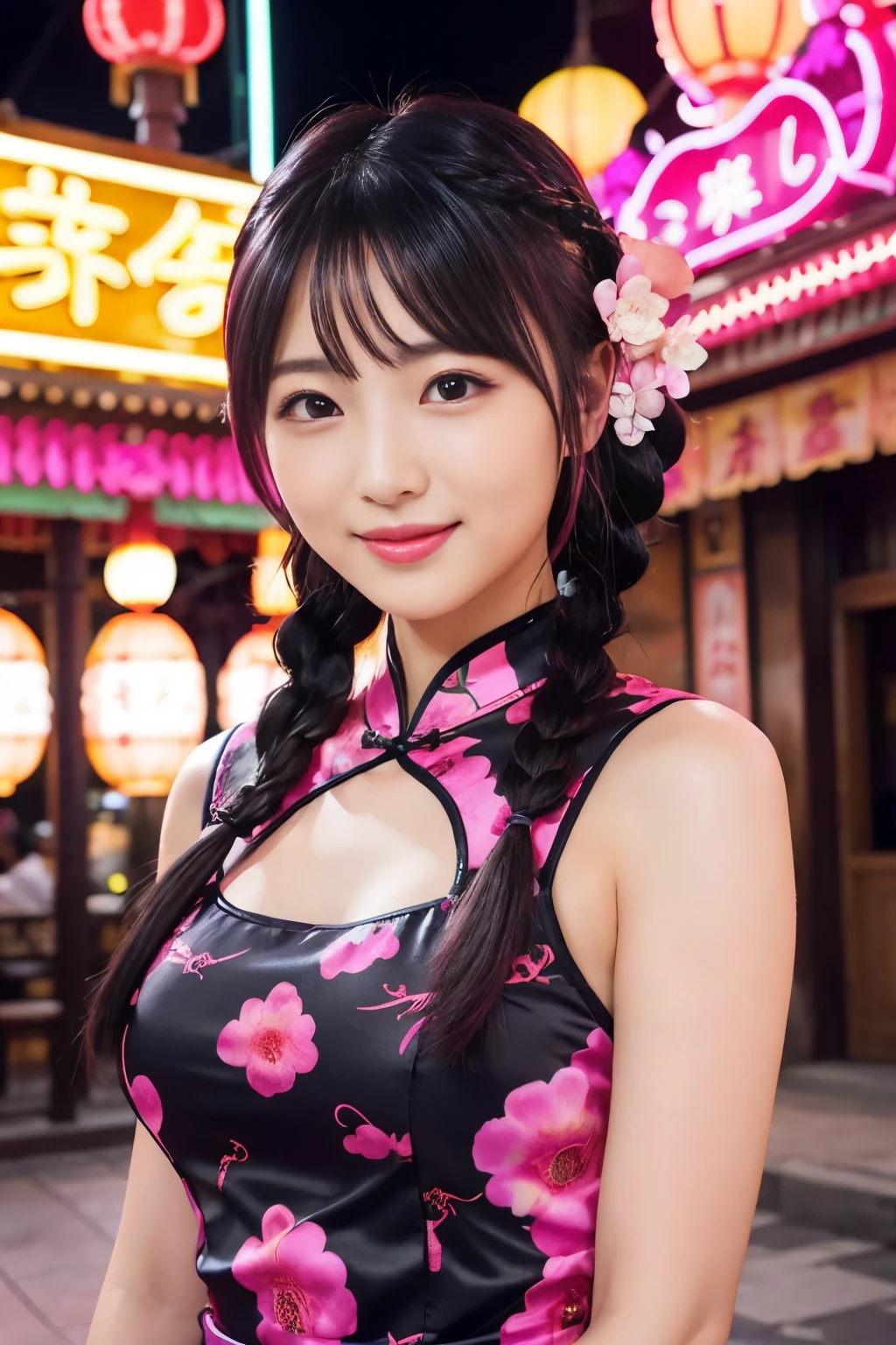 beautiful kung fu idol、lipgloss、shy smile、whole body、good style、、、、、Big Scorpion Print Tight Mini Cheongsam Dress、Braid、neon fuchsia hair (neon fuchsia)、Cinematic Light、large chinese restaurant background、