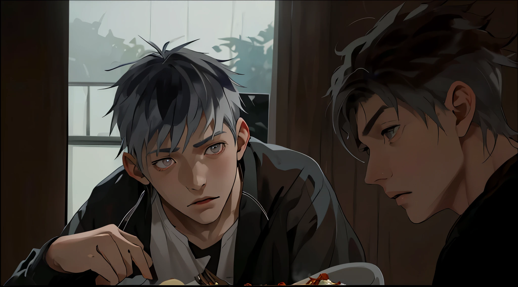 There are two boys with silver hair, gray eyes, they are having dinner, they look exhausted, they are 17 years old.
