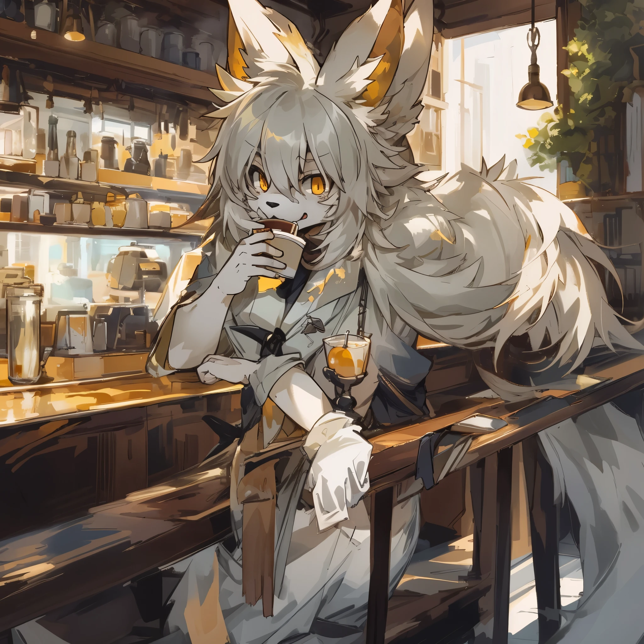 top quality, best quality, High-quality illustrations, masterpiece, super high resolution, detailed background, detailed background, cafe, Terrace, drink, coffee, staff, absurdres, perfect anatomy, expression, good lighting, cinematic shadow(kemono, furry anthro),