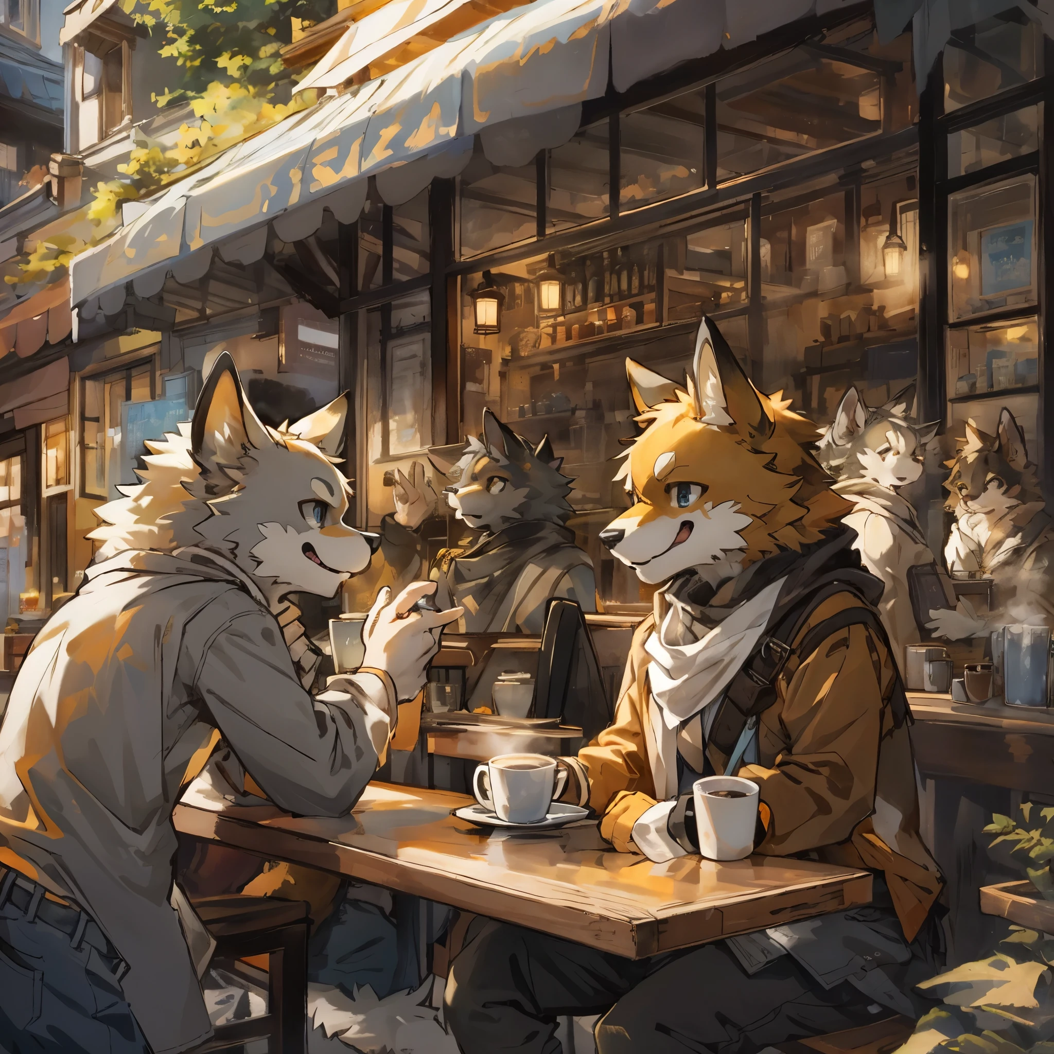 top quality, best quality, High-quality illustrations, masterpiece, super high resolution, detailed background, detailed background, cafe, Terrace, drink, coffee, staff, absurdres, perfect anatomy, expression, good lighting, cinematic shadow(kemono, furry anthro),