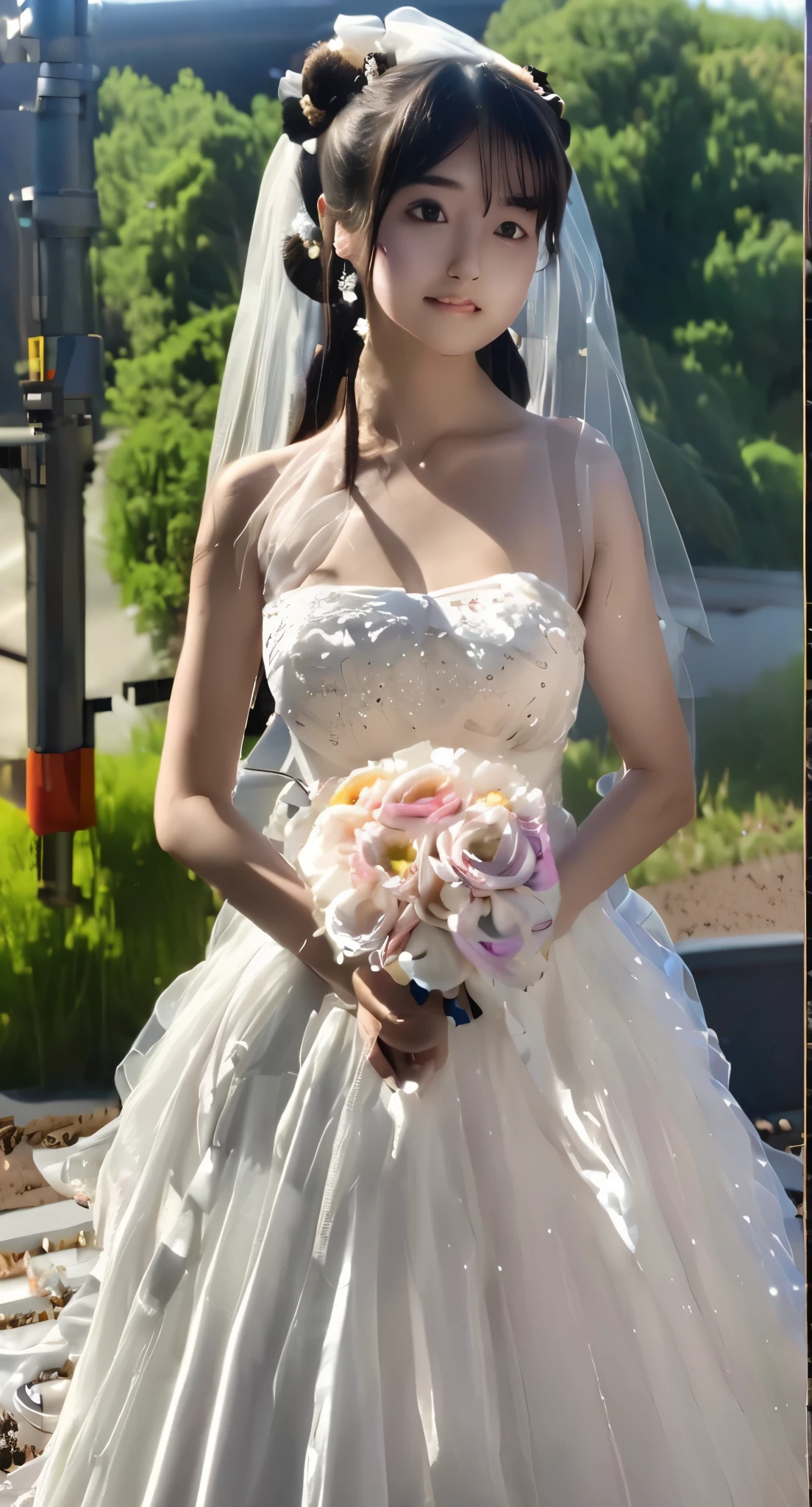 best quality, masterpiece, high resolution, detailed, digital artwork, Queller Sellier, bicolor hair, brown hair, (((Pixel perfect, Perfect details))), alone, 1 girl, yuigahama yui, Close-up of beautiful bride wearing beautiful wedding dress,Gurwitz, (bridal veil:1.5),(transparent short veil:1.5),blush,eye shadow,Blushing face,Head flower,headgear,bouquet,(tube top wedding dress:1.5),(silk dress:1.2),(strapless wedding dress:1.5),pure white dress,necklace,earrings,(large breasts:1.3),Bangs,lipstick,(White long elbow gloves:1.4),whole body照,High-detail RAW color art,White long skirt,whole body,(standing on the railroad tracks:1.3),18 years old, (long twintails:1.5),(double bun:1.5), black hair