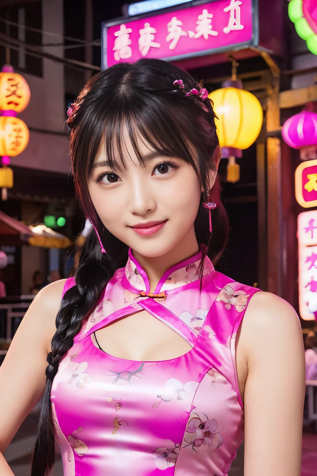 beautiful kung fu idol、lipgloss、gentle smile、whole body、good style、、、、、Big Scorpion Print Tight Mini Cheongsam Dress、Braid、neon fuchsia hair (neon fuchsia)、Cinematic Light、large chinese restaurant background、