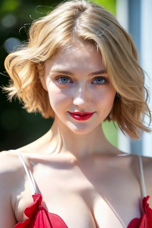 ((best quality)), ((masterpiece)), (detailed), perfect face, short blonde wavy hair,
big blue eyes, slight smile, perfect skin, symmetric face, whole body,
red large full lips,
delicate, graceful,
Slavic beautty,
nice shapely ,
looking at the viewer, instagram, influencer, vloger, friendly,
full body, 
white dress