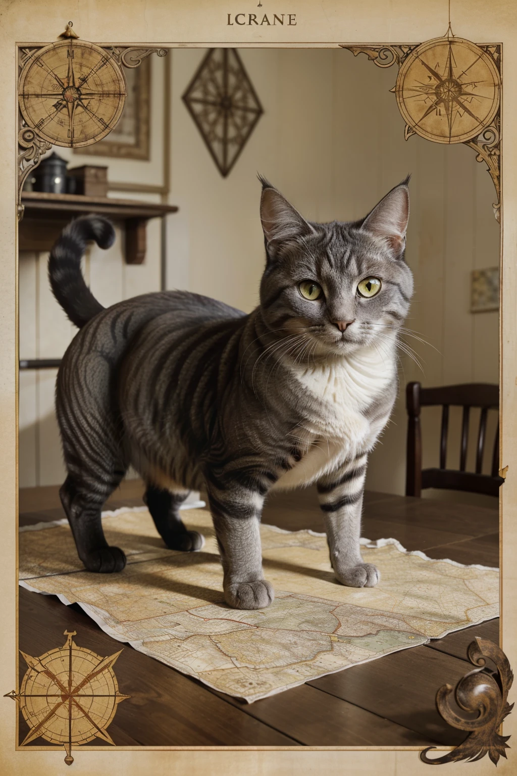 In the center of the 4:3 frame, a plump grey cat is shown with a focus on its nose as it intensely noses into a large, intricately detailed world map spread out before it. The map is draped over a table, with crinkled edges and creases that add to its aged and textured appearance. The cat's whiskers twitch as it carefully examines every nook and cranny of the map's surface, its yellow eyes squinted in concentration. Its thick tail curls around its body as it leans in closer, the tip of it tapping the map in excitement. The cat's fur is matted and grey, with patches of lighter grey that seem