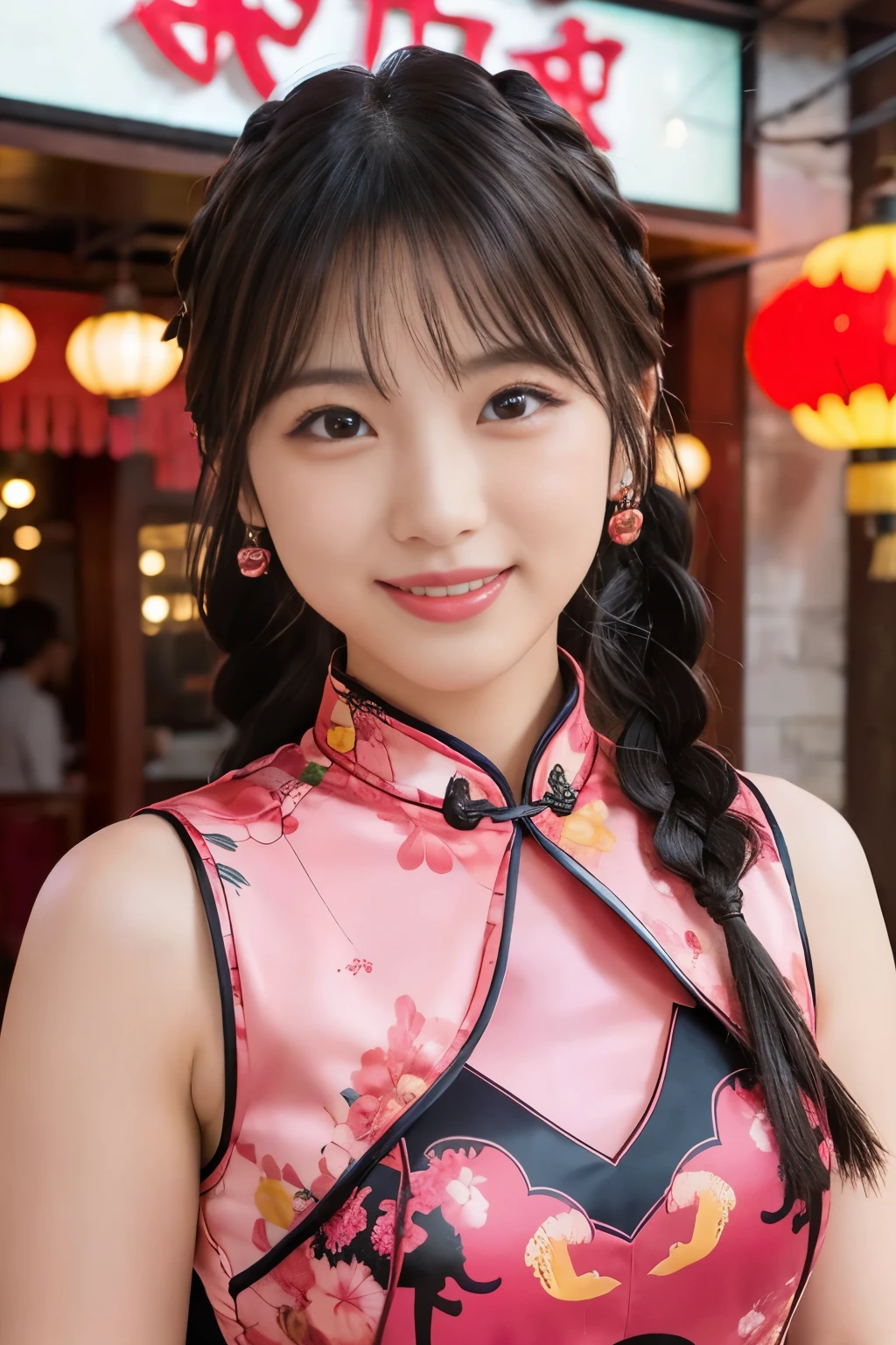 beautiful female idol、lipgloss、shy smile、whole body、good style、、、、、Big Scorpion Print Tight Mini Cheongsam Dress、Braid、large chinese restaurant background、