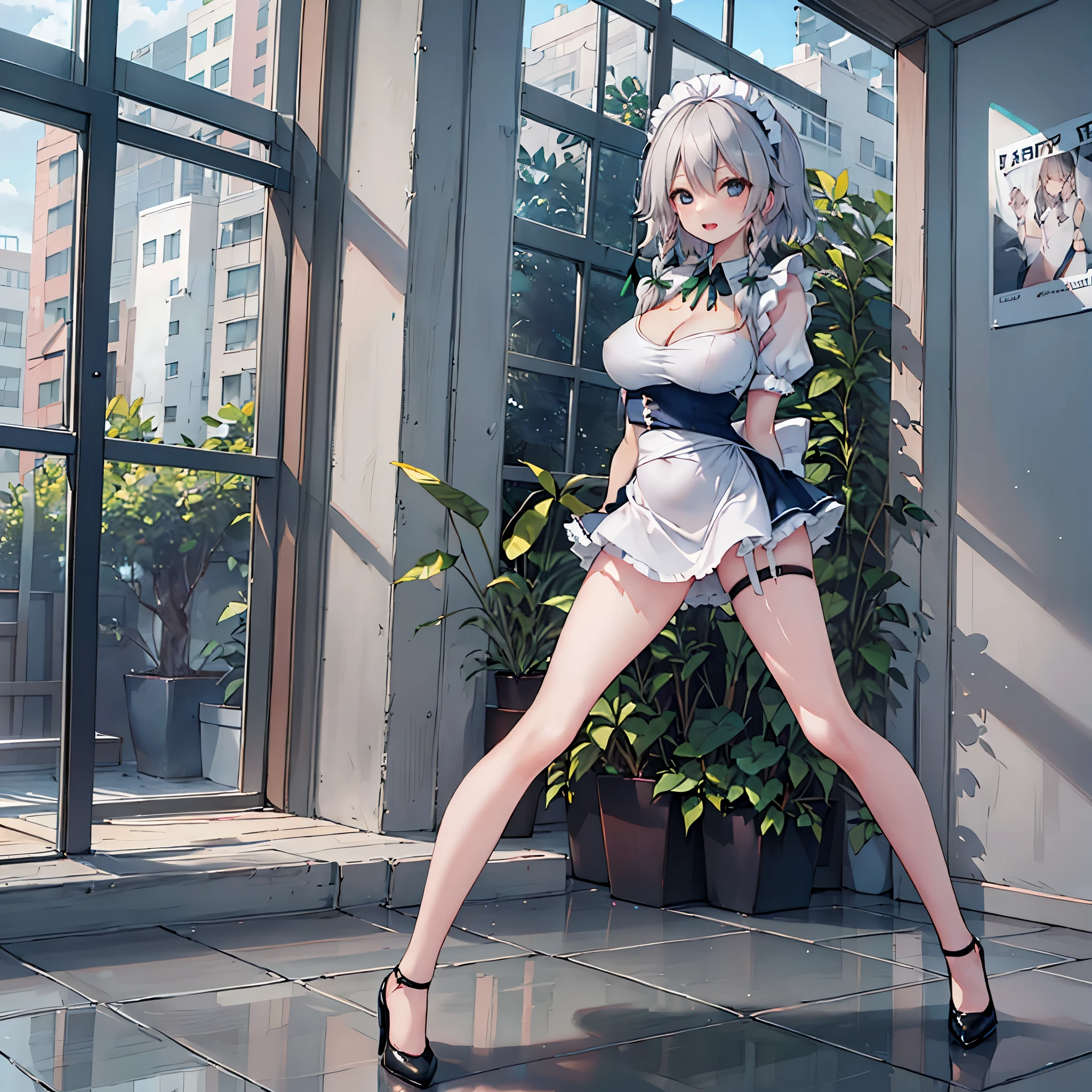 (solo Sakuya toho character standing at front of large glass windows), skinny, (open long legs wide:1.3), BREAK, (large perky breasts), (emphasize cleavage), (inconceivably thin narrow waist:1.6), short torso, thin long legs apart, arms behind back, arched back, emphasize thigh gap, BREAK, (very short maid dress) lifted breasts up, (maid dress cinches narrow waist too tight:1.4), cleavage cutouts wide, (too short skirt:1.3), highheels, tiptoe, (pigeon toed), smile for viewer, open mouth