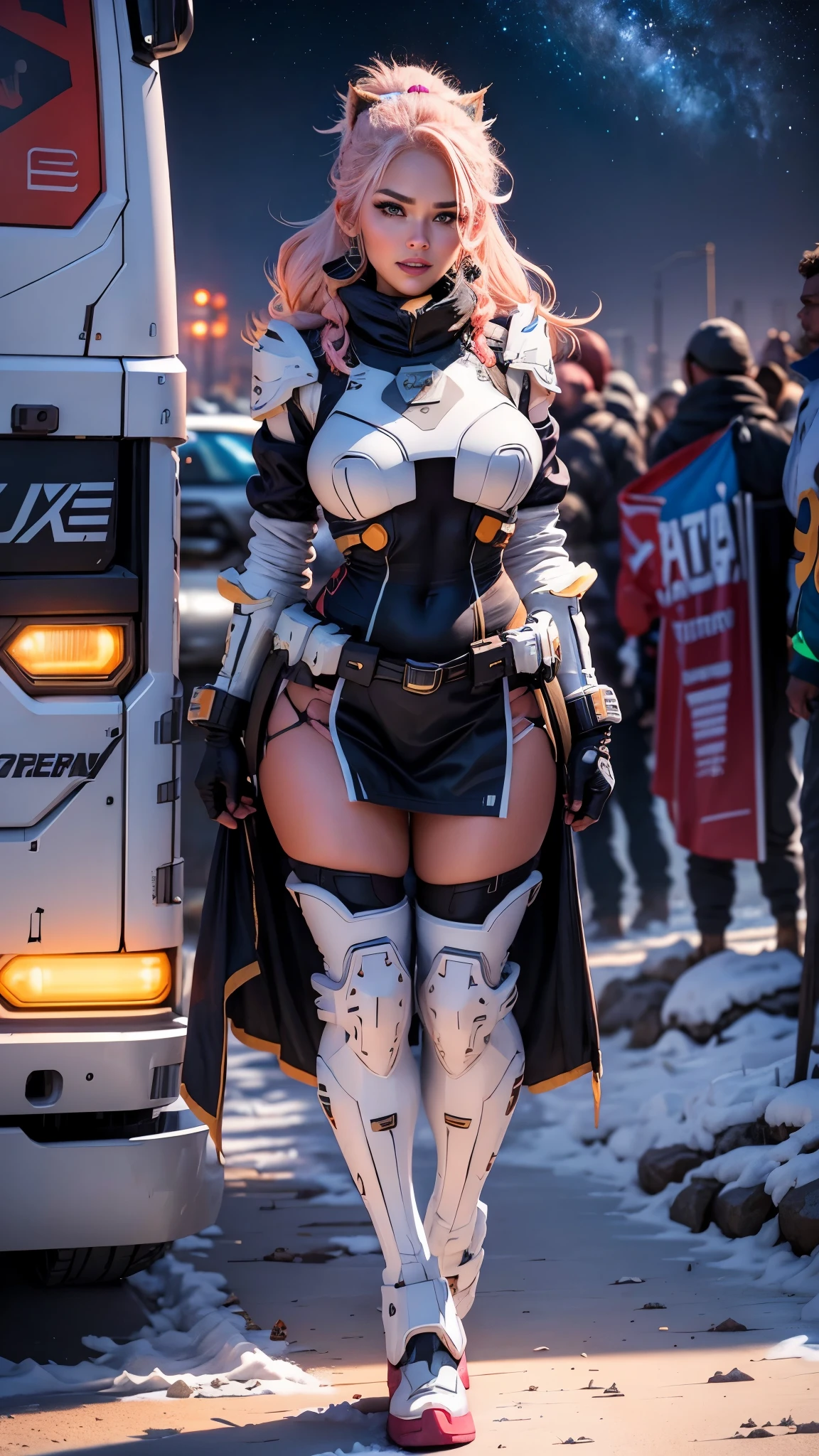 In a very grand scene,The extra-large wide-angle lens captures the appearance of a female centaur。She is tall,It has the ultimate curvy beauty,The muscles are slender and firm,Beautiful lines。Her facial features are tough and coquettish,Always with a sunny smile。She wears special tight-fitting equipment with a strong sense of technology,Step on multifunctional off-road style heels,Delicate and practical protective gear is worn on the hands, feet, wrists, neck and shoulders。The detection equipment around you flashes various cue lights and neon-like information screens,Let her exude a charming brilliance。Use Midjourney's advanced tools,Design special tight-fitting equipment for female centaurs,Highlight her unique physiological characteristics and appearance details,Add realism。And in her adventure scene,Spectacular views of nature,Such as the sky where storms and sunny days alternate、Brilliant rivers of stars and auroras、The snow-capped summit of Mount Everest、Fireworks in the mountain town, etc。ao mesmo tempo,Away from the hustle and bustle of Long Beach Pier is a neon-lit spaceship docked,Create a fantastic scene。Use Midjourney's advanced tools and multiple color palettes、Brush Strokes、Texture tools and model packages,It shows a sense of atmosphere where beauty and charm coexist。The charm of the female centaur is highlighted through color and lines,Enhance realism with detailing,Create a surreal dreamy feeling。Additionally,Use Midjourney's tools to add a variety of extreme sports gear and cultural trinkets to the female centaur,Create intricate hairstyles and outfits,Give her a sense of premium。She never flinches,Regardless of the terrain,can respond quickly,Even the extreme geography and dangerous terrain of aliens cannot stop her。Use Midjourney's powerful tools,You can do it with incredible detail and beauty,Bring this ultra-grand and beautiful scene to life。Ultra-grand scenes,super wide shot, hdr,(真实感,Masterpiece quality,best qualtiy),