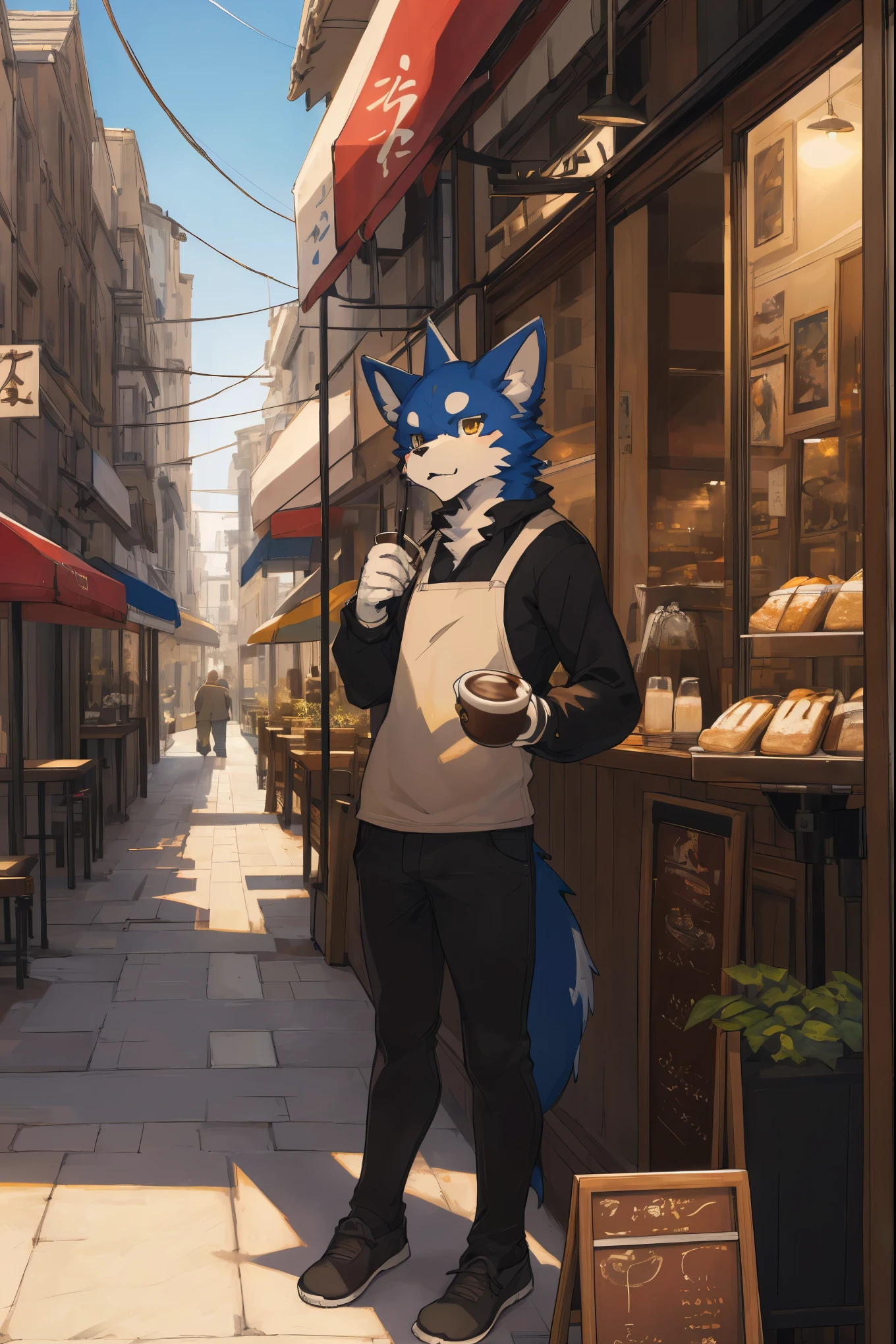 cover page, highres, top quality, best quality, paid reward available, unparalleled masterpiece, perfect artwork, absurdres, High-quality illustrations, super high resolution, detailed background, cafe, Terrace, drink, coffee, staff, absurdres, perfect anatomy, expression, good lighting, cinematic shadow(kemono, furry anthro),