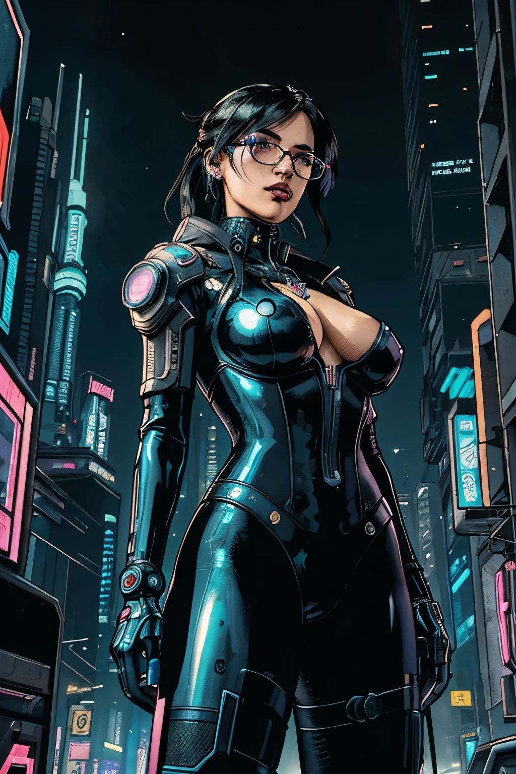 cyber woman in latex outfit upper body standing on street at night, in cyberpunk city, cyberpunk photo, cyberpunk 2 0 y. o model girl, in a futuristic cyberpunk city, female, in a cyberpunk city, cyberpunk beautiful girl, in cyberpunk style, cyberpunk girl, futuristic cyberpunk tokyo night, at cyberpunk city, (tmasterpiece、4K 分辨率、ultra-realistic realism、The is very detailed), "Full and juicy lips, mesmerizing wide eyes, a defined jawline, and high cheekbones. A perfectly symmetrical face with distinct features.", wearing glasses, Korean.