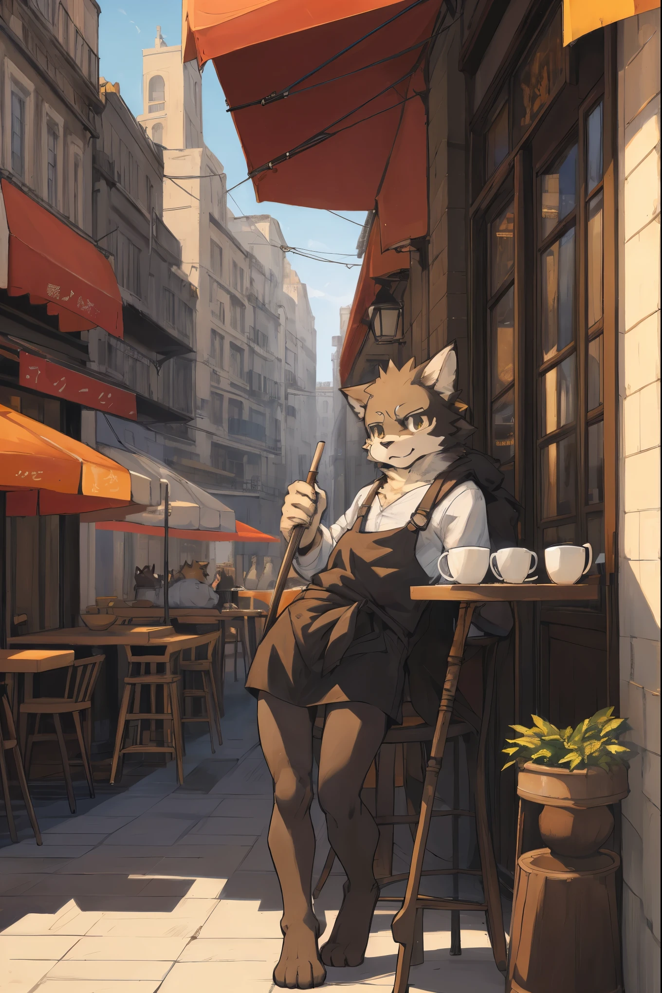 cover page, highres, top quality, best quality, paid reward available, unparalleled masterpiece, perfect artwork, absurdres, High-quality illustrations, super high resolution, detailed background, cafe, Terrace, drink, coffee, staff, absurdres, perfect anatomy, expression, good lighting, cinematic shadow(kemono, furry anthro),