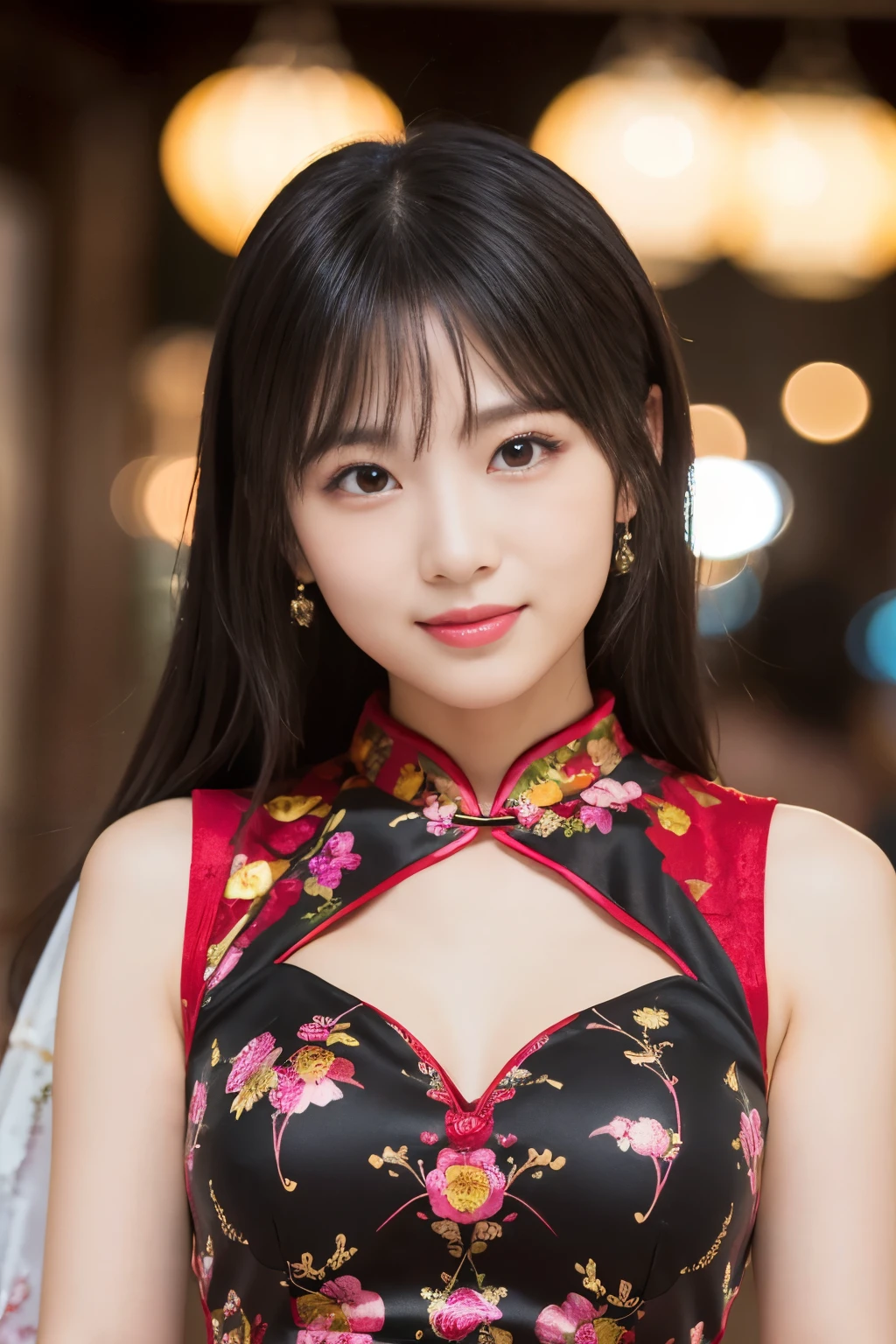beautiful female idol、lipgloss、gentle smile、whole body、good style、、、、、Scorpion print tight mini cheongsam dress、conceptual art, High quality, Realistic, extremely detailed CG unified 8k wallpaper, highly detailed, High-definition raw color photos, professional photography, Realistic portrait, Cinematic Light, Beautiful detailed, Super Detail, high details, (((Bokeh))), depth of fields, illumination, large chinese restaurant background, Super stylish lighting