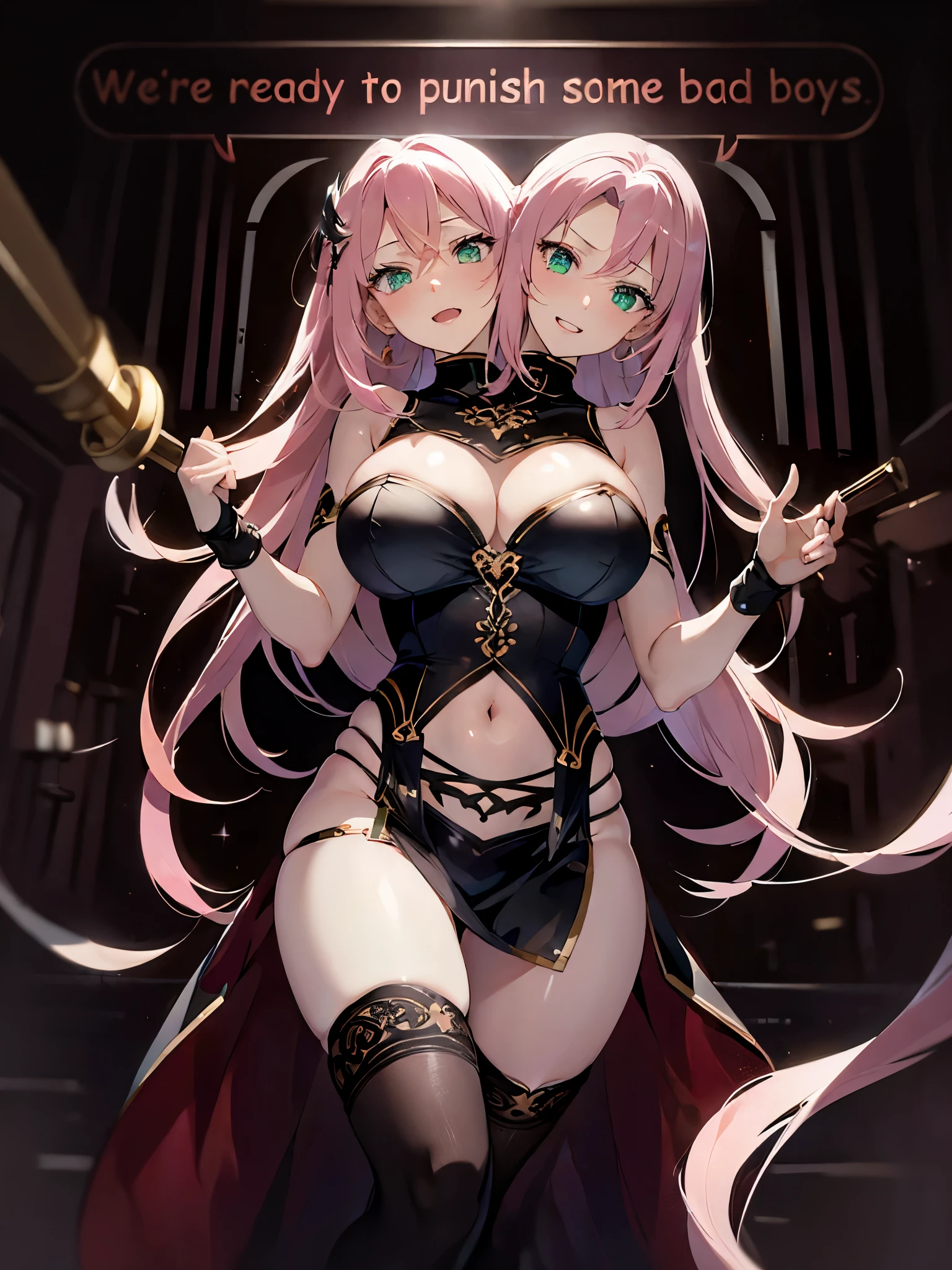 (masterpiece, best quality), best resolution, (2heads:1.5), 1girl, pink upswept hair, green eyes, mischievous, sadistic, seductive, open mouth, talking, BDSM outfit, holding a whip, inside a BDSM dungeon