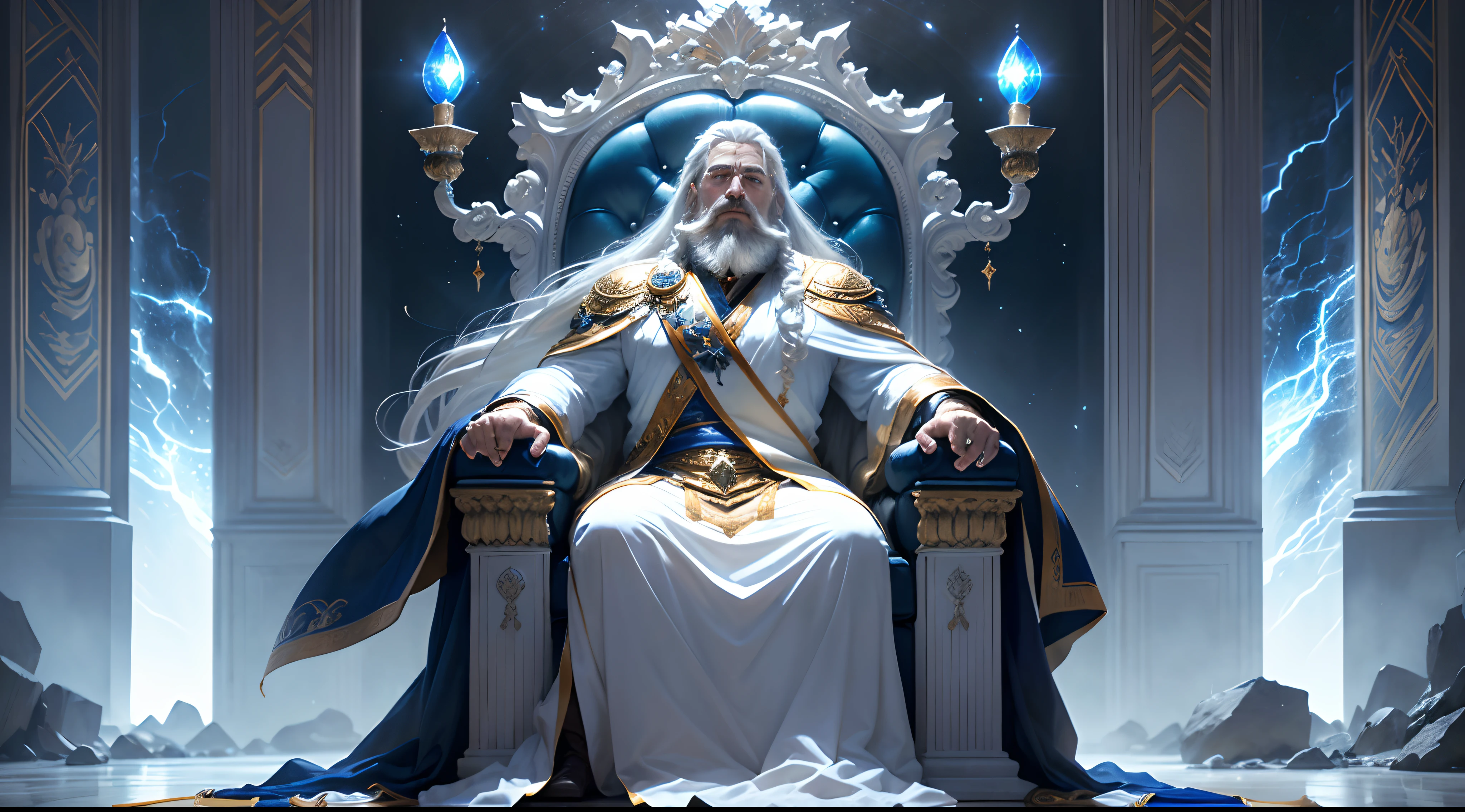 (obra de arte, melhor qualidade, ultra-realista), Sala do trono de Deus, high resolution, homem divino, majestoso, forte, imponente, cabelo branco e barba, calor de roupas brancas, Luz deslumbrante, aura serena, ampliar o vento, Deus (personification of power:1.2), glorioso, Surreal, poderoso trono azul feito de pedra safira, (emitindo luz:1.3), (brilhante:1.2)