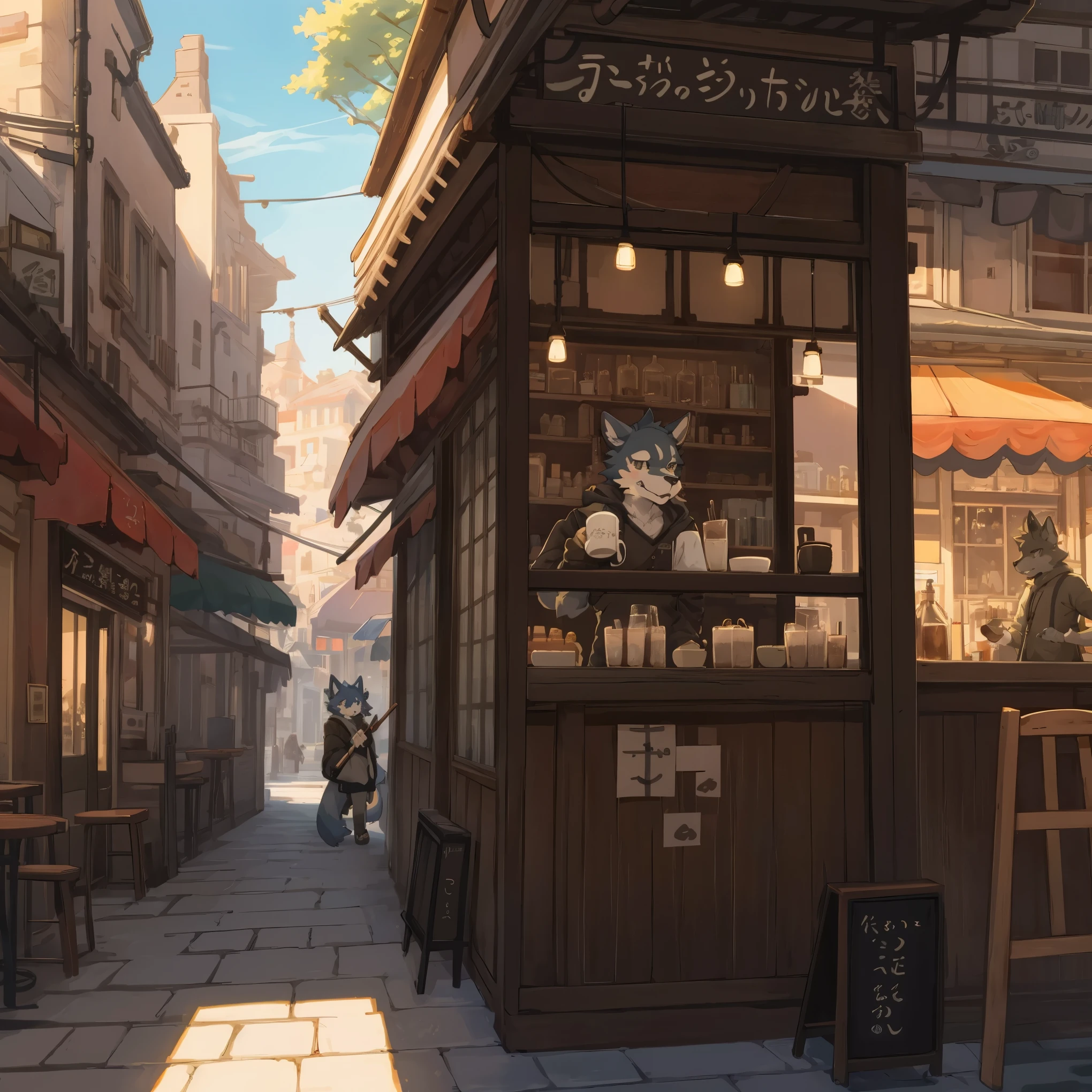top quality, best quality, High-quality illustrations, masterpiece, super high resolution, detailed background, detailed background, cafe, Terrace, drink, coffee, staff, absurdres, perfect anatomy, expression, good lighting, cinematic shadow(kemono, furry anthro),
