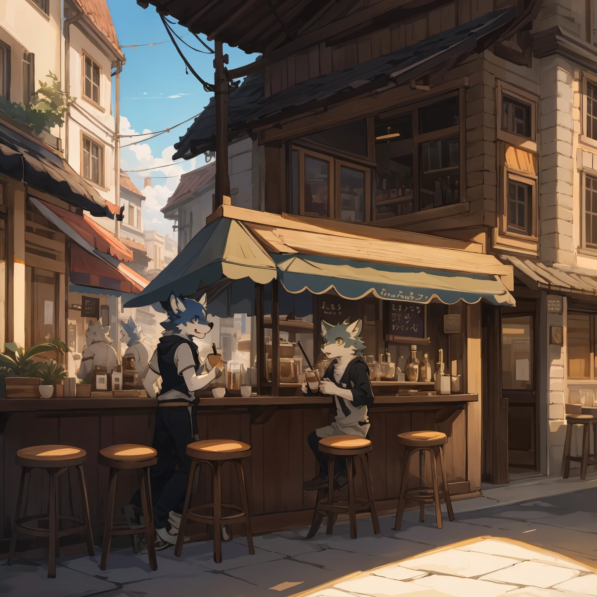 top quality, best quality, High-quality illustrations, masterpiece, super high resolution, detailed background, detailed background, cafe, Terrace, drink, coffee, staff, absurdres, perfect anatomy, expression, good lighting, cinematic shadow(kemono, furry anthro),