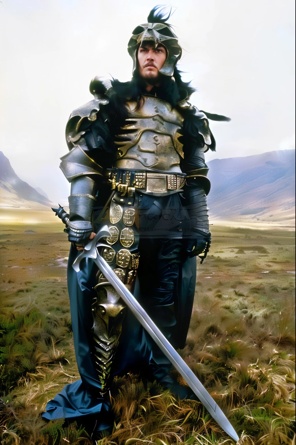 armored man with sword and armor standing in a field, no filme excalibur 1 9 8 0, Karl Urban as Dragon Slayer, alain delon as monster hunter, usando armadura de couro com ossos, conan, o destruidor 1 9 8 5, guerreiro com armadura de coruja de metal, vestindo armadura de couro cravejado, armadura de ouro e prata, Paulo Atreides