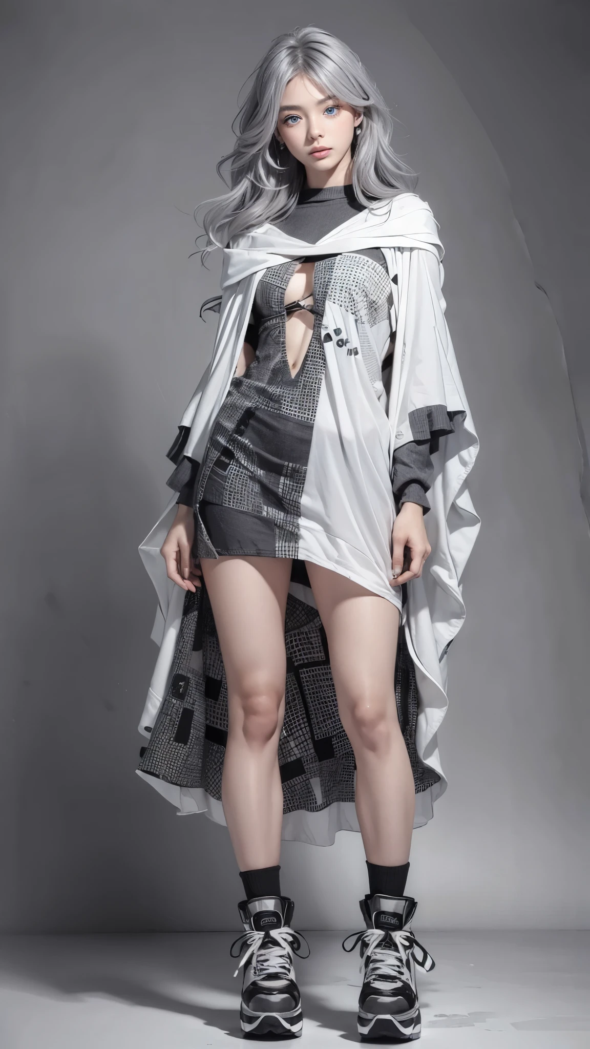 (anime:1.3), (all body shot, fashion portrait:1.6), ultra detailed, beautiful, masterpiece, best quality, _ BREAK (1girl:1.2), 22 years old, 160 cm, Japanese cute model, (Tightened all body, medium Breasts:1.4), small head, small face, diamond Face, small nose, Sharp Faceline, young hands and fingers, beautiful hands and fingers, five fingers, _ BREAK (Glossy Lips:1.3), (Light color lips, Half open mouth, beautiful Teeth:1.2), (dropy eyes, Double eyelid, light color eyes:1.4), _ BREAK (arranged hairstyle:1.3), (gray hair:1.3), _ BREAK (gray background:1.4), Fog, mist, _ BREAK (wide angle,all body shot:1.6), (standing:1.3), (cool model posing:1.4), (from front white lightning), BREAK (black and white oversized poncho merging with a dress made of patchwork fabric:1.4), (nylon fabric:1.2),
BREAK
(chunky platform high-top sneakers:1.2), (bold urban style:1.2),
BREAK
(lots of silver accessories:1.2),(gray hair, blue eyes:1.4),
