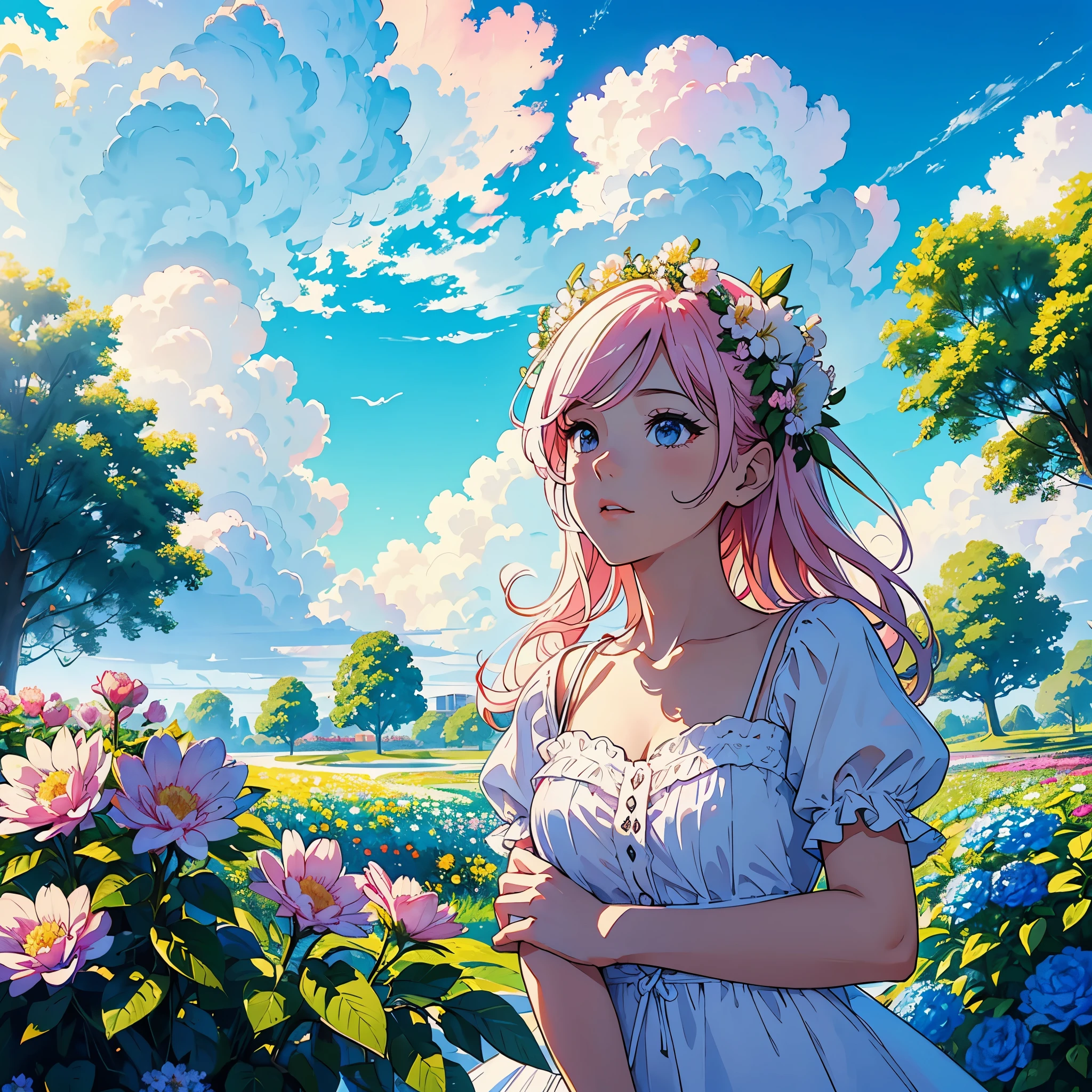 (bright colorful elfa rosa flowers,2D illustration,garden filled with blooming flowers,fluffy white clouds,clear blue sky,best quality,ultra-detailed,realistic artwork,vivid colors,sharp focus,professionally done)