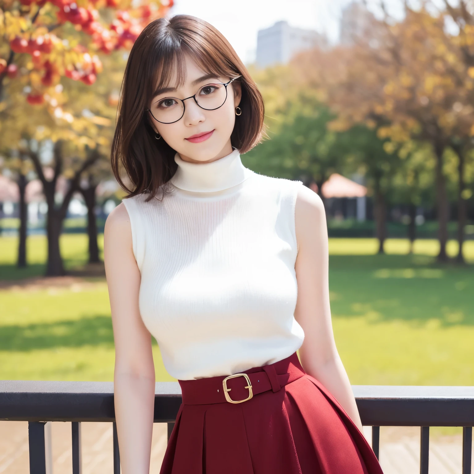 (highest quality、table top、8k、best image quality、Award-winning work)、one beautiful woman、25 years old、(alone:1.1)、perfect beautiful composition、(big and full breasts:1.1)、Exactly、(emphasize body line:1.1)、( Berry short cut hair:1.1)、(Perfect white turtleneck sleeveless knit sweater:1.2)、(classy and perfect round glasses:1.2)、(Elegant red melton skirt:1.2)、(full body photo:1.1)、look at me and smile、(Strongly blurred accurate city park background:1.1)、stand gracefully、droopy eyes、natural makeup、Ultra high definition beauty face、ultra high definition hair、Super high-definition sparkling eyes、Super high resolution glossy lips、accurate anatomy