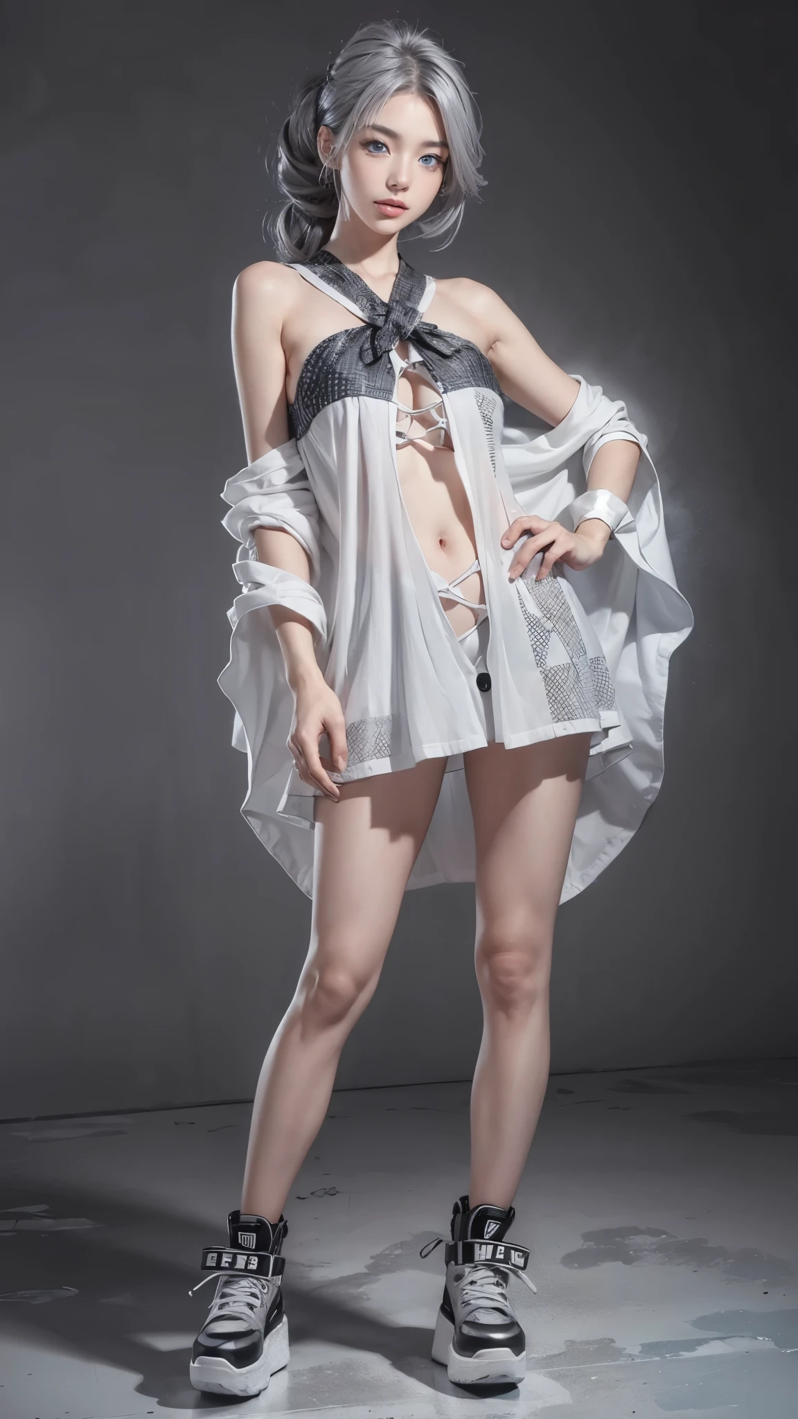 (anime:1.3), (all body shot, fashion portrait:1.6), ultra detailed, beautiful, masterpiece, best quality, _ BREAK (1girl:1.2), 22 years old, 160 cm, Japanese cute model, (Tightened all body, medium Breasts:1.4), small head, small face, diamond Face, small nose, Sharp Faceline, young hands and fingers, beautiful hands and fingers, five fingers, _ BREAK (Glossy Lips:1.3), (Light color lips, Half open mouth, beautiful Teeth:1.2), (dropy eyes, Double eyelid, light color eyes:1.4), _ BREAK (arranged hairstyle:1.3), (gray hair:1.3), _ BREAK (gray background:1.4), Fog, mist, _ BREAK (wide angle,all body shot:1.6), (standing:1.3), (cool model posing:1.4), (from front white lightning), BREAK (black and white oversized poncho merging with a dress made of patchwork fabric:1.2), (nylon fabric:1.2),
BREAK
(chunky platform high-top sneakers:1.2), (bold urban style:1.2),
BREAK
(lots of silver accessories:1.2),(gray hair, blue eyes:1.4),