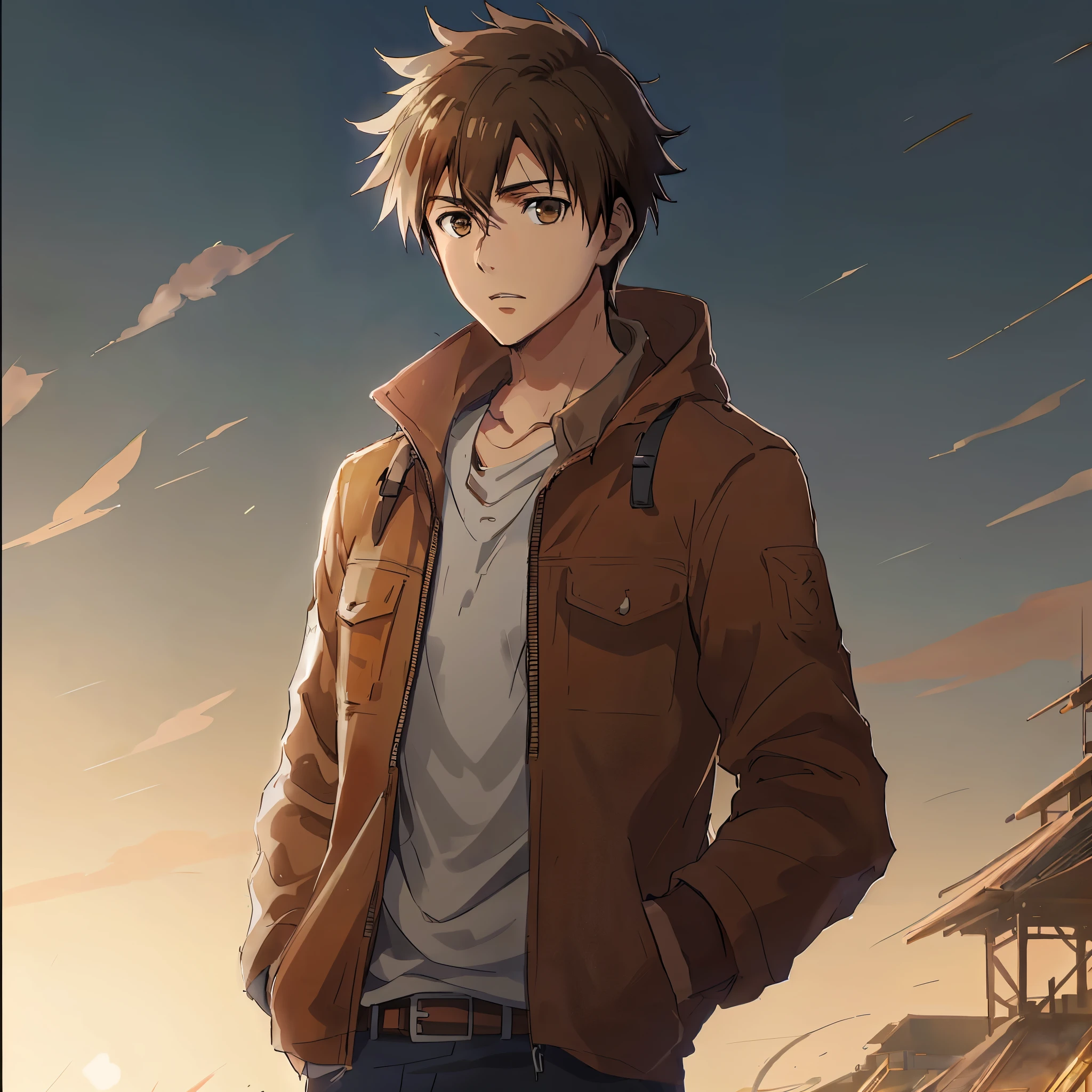 anime - style image of a man in a brown jacket in front of a building, estilo de arte makoto shinkai, makoto shinkai. digital rendering, estilo makoto shinkai, makoto shinkai ( apex legends ), makoto shinkai!!, makoto shinkai!, Homem bonito de anime, estilo de Makoto Shinkai, jovem anime homem