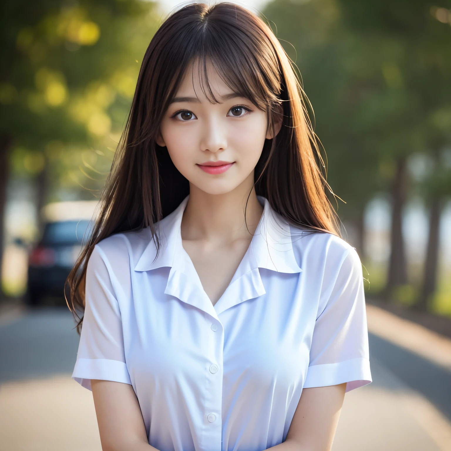 (highest quality、table top、8k、best image quality、Award-winning work)、One cute high school girl、alone、perfect beautiful composition、(Unbutton all the buttons on the uniform shirt:1.1)、(fully open uniform shirt:1.1)、(The chest of the uniform shirt bursts:1.1)、(Fully exposed breasts:1.1)、(unbutton your shirt、Fully exposes bare breasts:1.1)、(Uniform shirt with large exposed chest:1.1)、(exposing naked cleavage:1.2)、Perfect uniform ribbon on the chest、(Expose the collarbone:1.1)、slender body、A shy smile looks at me、(Strongly blurred school road background:1.1)、natural makeup、Ultra high definition beauty face、ultra high definition hair、Super high-definition sparkling eyes、(Pure white skin that shines with ultra-high resolution:1.1)、Super high resolution glossy lips、accurate anatomy、ultra high definition hair、very bright、(close up of face:1.1)