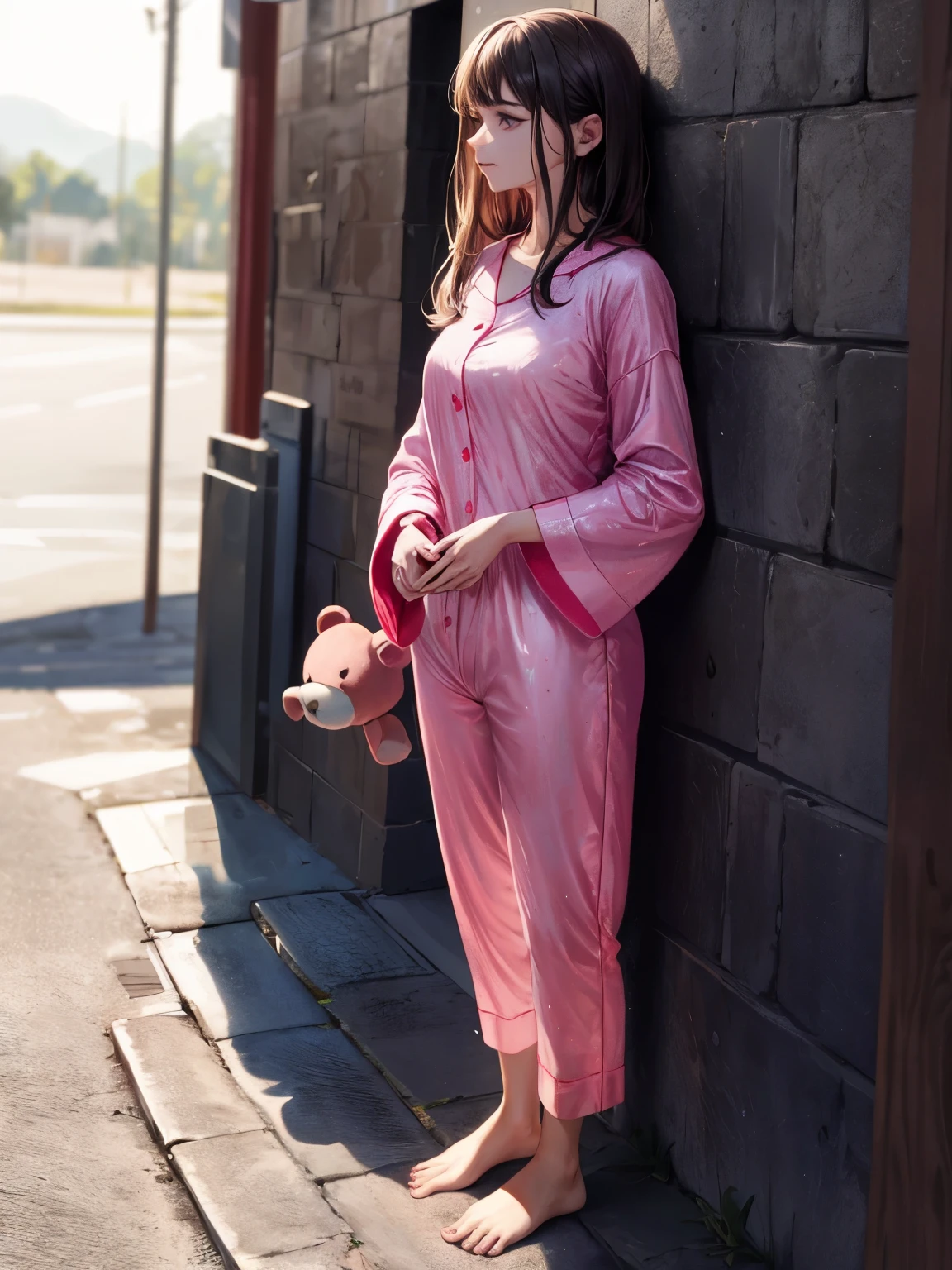 A young woman, standing up against a far wall, wearing shiny pink pajamas, holding a teddy bear in her right hand, barefoot, red polish on toes.