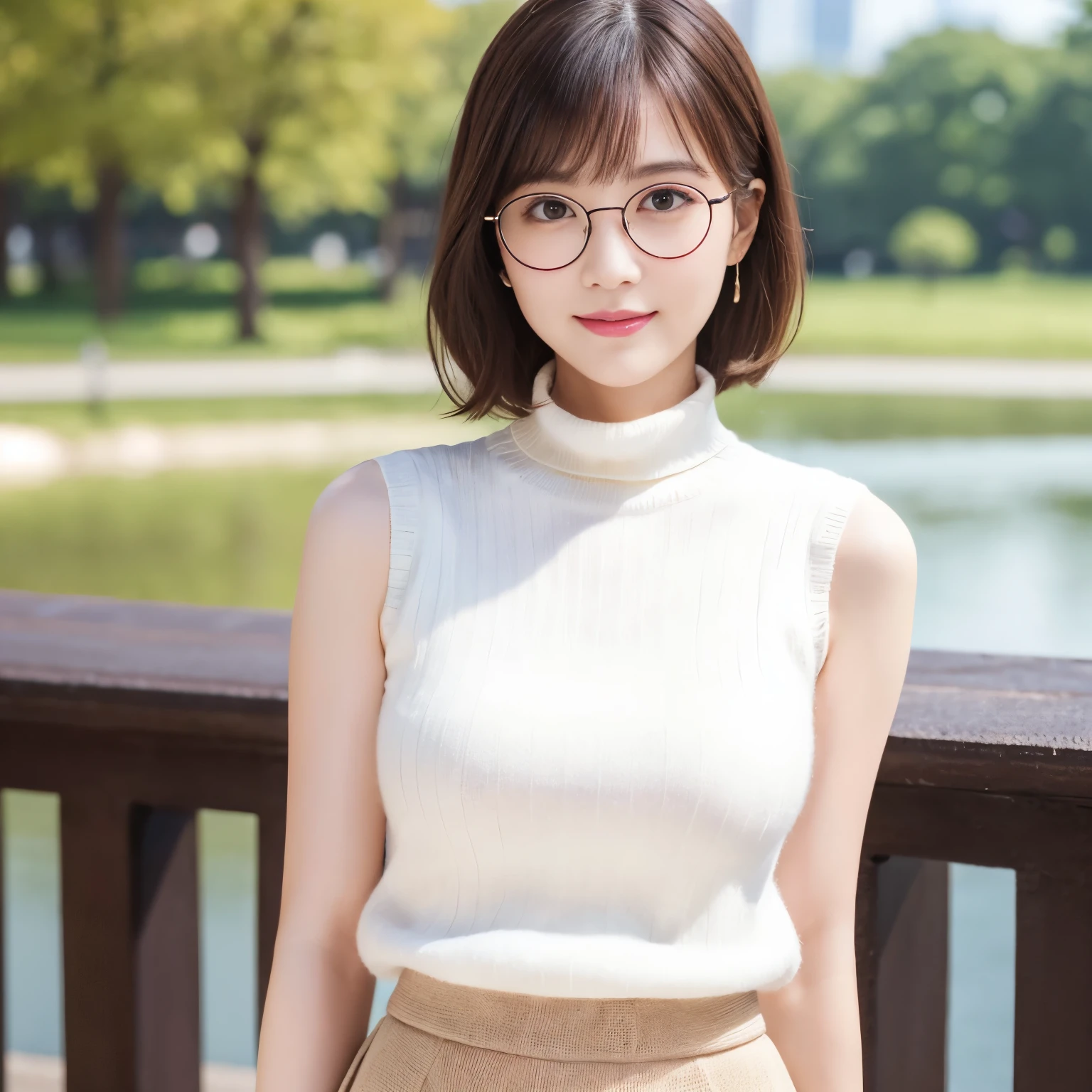 (highest quality、table top、8k、best image quality、Award-winning work)、one beautiful woman、25 years old、(alone:1.1)、perfect beautiful composition、(big and full breasts:1.1)、Exactly、(emphasize body line:1.1)、( Berry short cut hair:1.1)、(Perfect white turtleneck sleeveless knit sweater:1.2)、(classy and perfect round glasses:1.2)、(Elegant red melton skirt:1.2)、(full body photo:1.1)、look at me and smile、(Strongly blurred accurate city park background:1.1)、stand gracefully、droopy eyes、natural makeup、Ultra high definition beauty face、ultra high definition hair、Super high-definition sparkling eyes、Super high resolution glossy lips、accurate anatomy