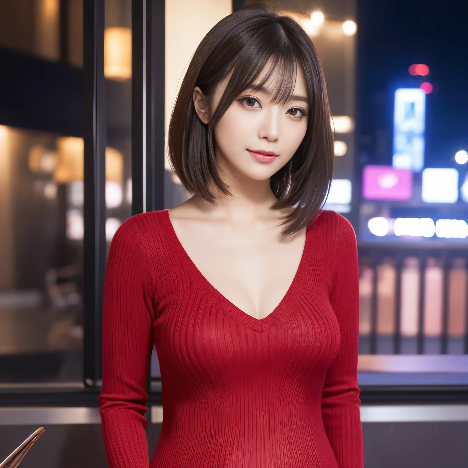 (highest quality、table top、8k、best image quality、Award-winning work)、one beautiful woman、25 years old、perfect dynamic composition、(Elegant red thick V-neck knit:1.1)、(Knit that fits perfectly to the body:1.1)、(perfect v-neck knit sweater:1.1)、slightly pregnant、very thin pregnant woman:、(full body photo:1.2)、look at me and smile、(Strongly blurred Shinjuku background:1.1)、stand gracefully、droopy eyes、natural makeup、Ultra high definition beauty face、ultra high definition hair、Super high-definition sparkling eyes、Super high resolution glossy lips、accurate anatomy