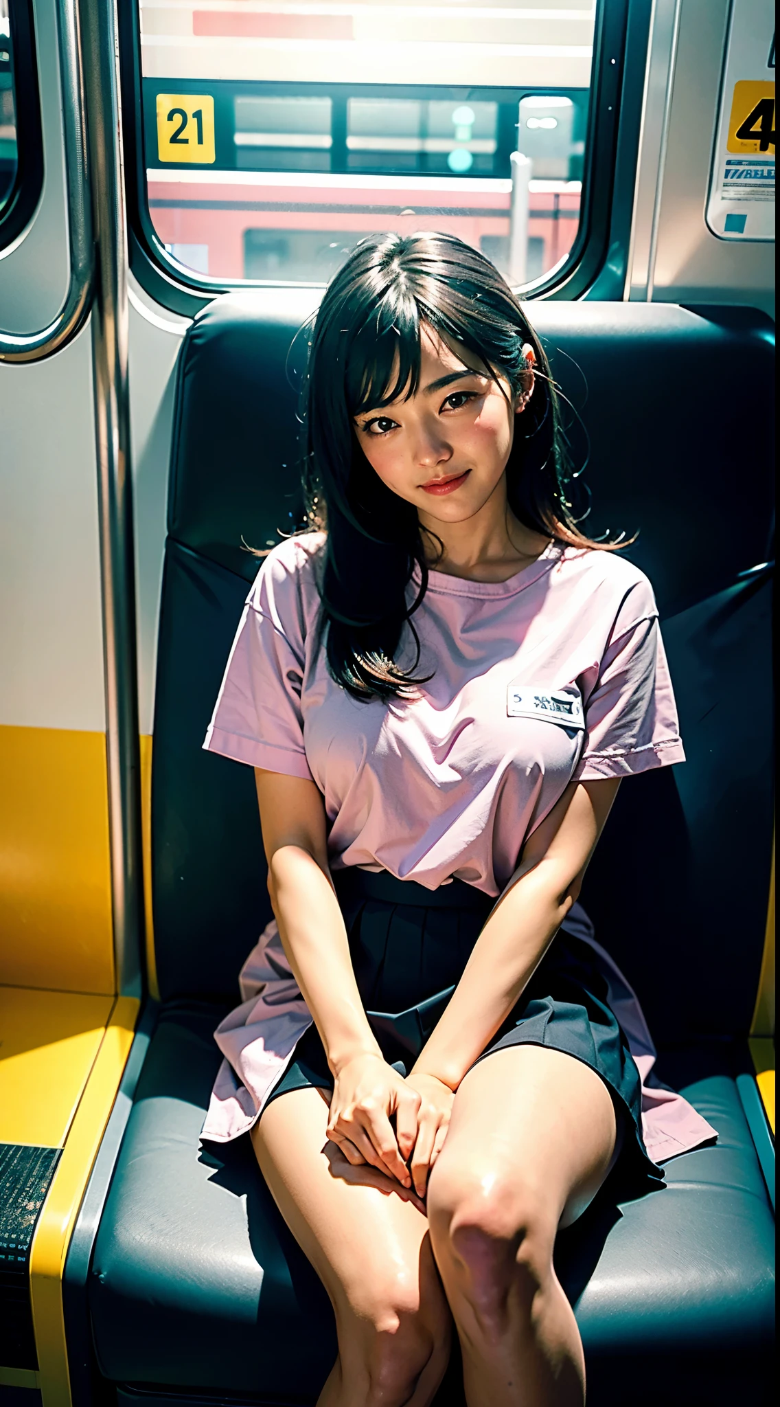"(masterpiece, High resolution, Ultra High resolution, 4K) black hair, 14 year old japanese girl, uniform skirt, emphasize the thighs, white thighs, soft thighs, Gorgeous thighs, sitting on the train, facing angle, (angle from below),sitting on a train seat,sitting in front,Crotch zoom camera,put your feet on the floor of the train,whole body,Looking down and sleepy,only looking at the viewer", highest quality, 超High resolution, (realistic:1.4),, High resolution, detailed, RAW photo, Shapuri, Nikon D850 Film Stock Photo by Lee Jeffries 4 Kodak Portra 400 Camera F1.6 lenses Rich colors Ultra-realistic and vibrant textures Dramatic lighting Unreal Engine Art Station Trend CineStill 800,smiling、pink shirt、