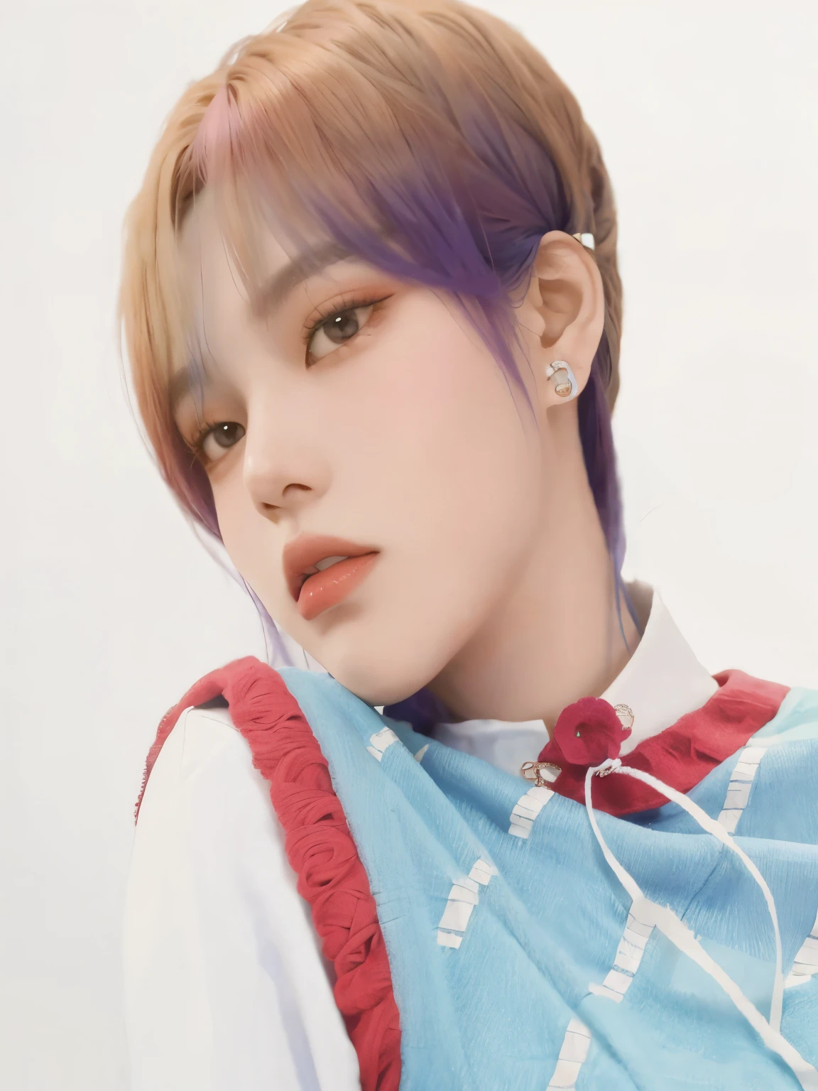 imagem arafada de uma mulher com colete azul e gravata vermelha, Retrato de Jossi do Blackpink, Sun Yunjoo, Kim Doyoung, Jimin, kpop idol portrait, com cabelo curto, Yanjun Chengt, Lalisa Manobal, inspirado em Yanjun Cheng, Jungkook, Sakimichan, taejune kim, inspirado em jeonseok lee