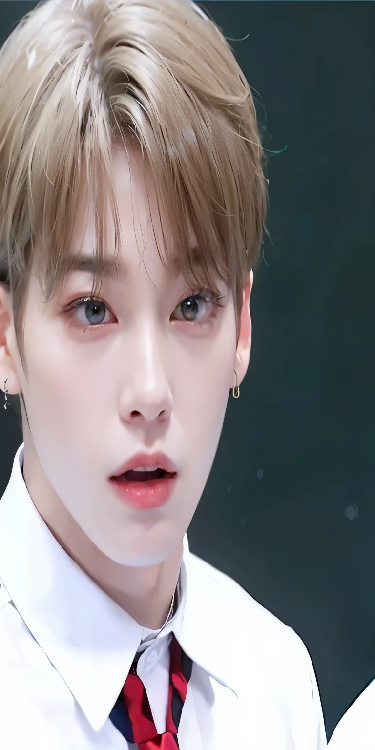 there is a man with a tie and a white shirt, Kim Doyoung, Cai Xukun, Jungkook, adorable and pale korean face, Jimin, Jimin\the right eyelid is swollen, accurate Jimin face, jia, Jimin\the full lips, inspirado em Bian Shoumin, Jung Jaehyun, Yanjun Chengt, ironic smile, tem um olhar penetrante