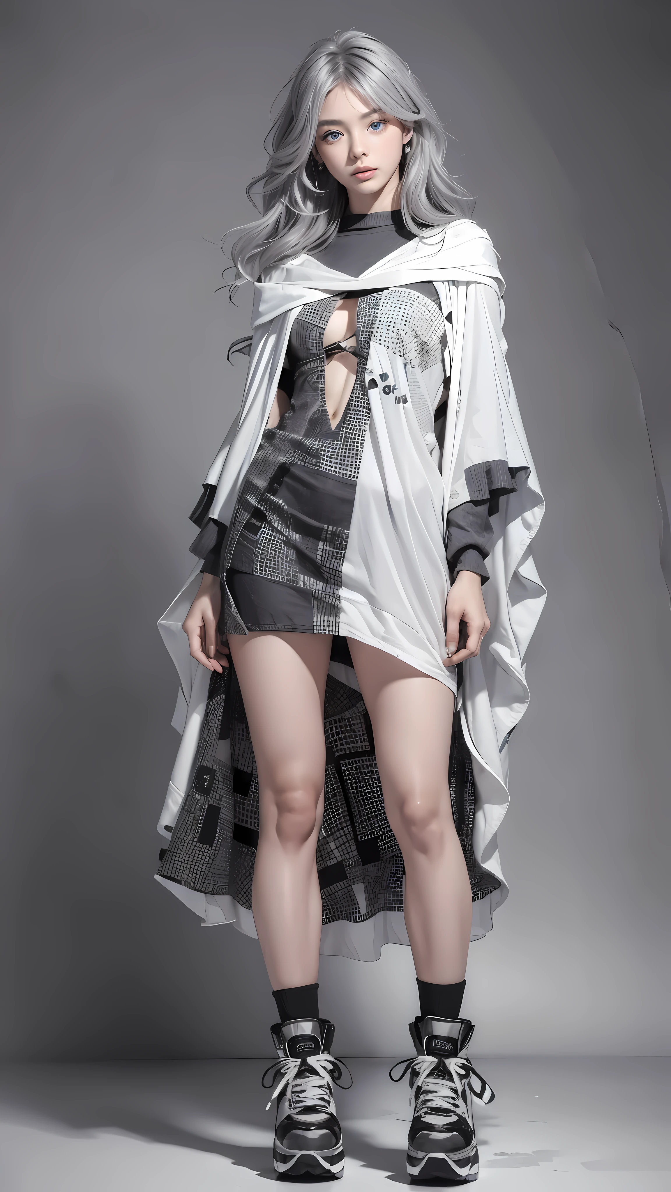 (anime:1.3), (all body shot, fashion portrait:1.6), ultra detailed, beautiful, masterpiece, best quality, _ BREAK (1girl:1.2), 22 years old, 160 cm, Japanese cute model, (Tightened all body, medium Breasts:1.4), small head, small face, diamond Face, small nose, Sharp Faceline, young hands and fingers, beautiful hands and fingers, five fingers, _ BREAK (Glossy Lips:1.3), (Light color lips, Half open mouth, beautiful Teeth:1.2), (dropy eyes, Double eyelid, light color eyes:1.4), _ BREAK (arranged hairstyle:1.3), (gray hair:1.3), _ BREAK (gray background:1.4), Fog, mist, _ BREAK (wide angle,all body shot:1.6), (standing:1.3), (cool model posing:1.4), (from front white lightning), BREAK (black and white oversized poncho merging with a dress made of patchwork fabric:1.4), (nylon fabric:1.2),
BREAK
(chunky platform high-top sneakers:1.2), (bold urban style:1.2),
BREAK
(lots of silver accessories:1.2),(gray hair, blue eyes:1.4),