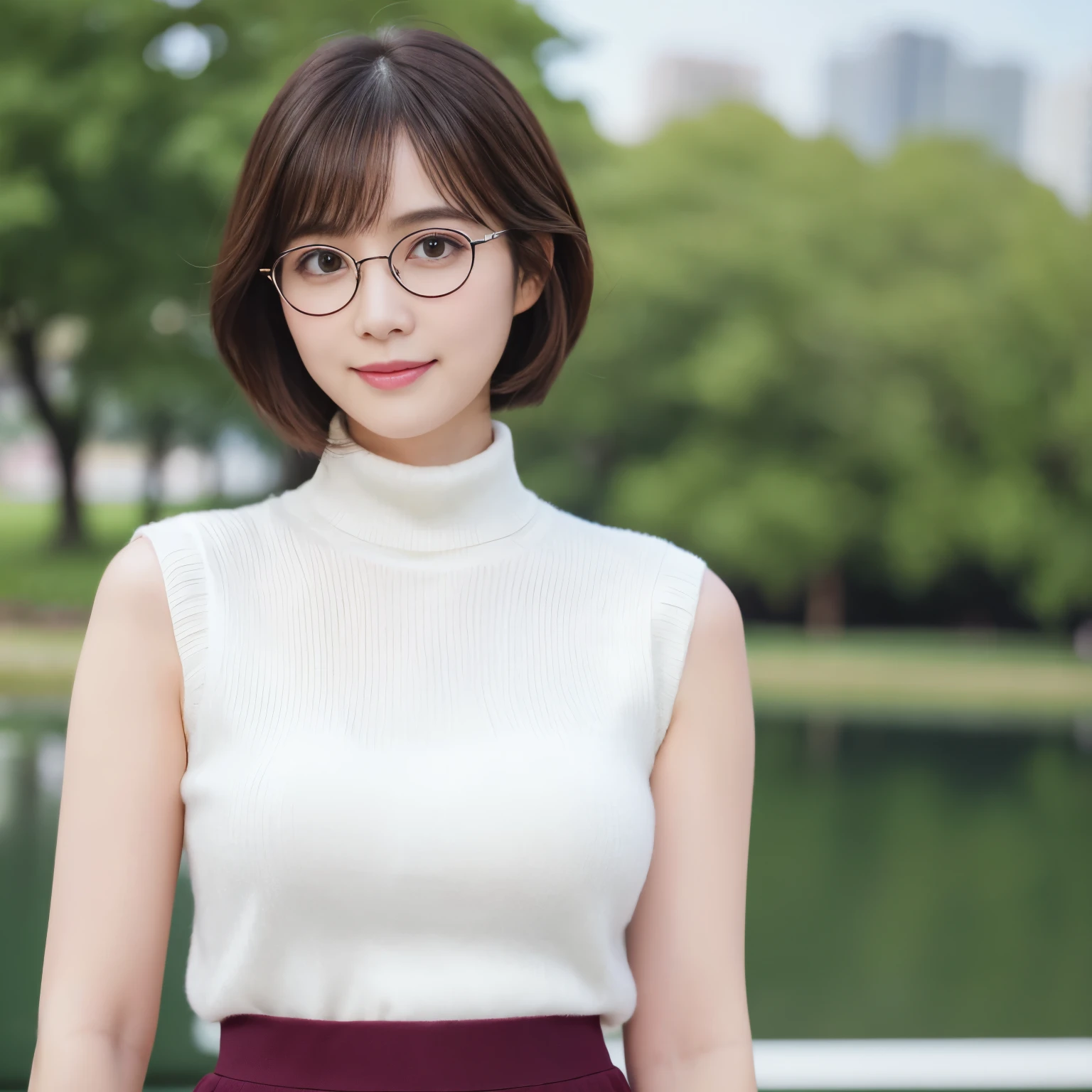 (highest quality、table top、8k、best image quality、Award-winning work)、one beautiful woman、25 years old、(alone:1.1)、perfect beautiful composition、(big and full breasts:1.1)、Exactly、(emphasize body line:1.1)、( Berry short cut hair:1.1)、(Perfect white turtleneck sleeveless knit sweater:1.2)、(classy and perfect round glasses:1.2)、(Elegant red melton skirt:1.2)、(full body photo:1.1)、look at me and smile、(Strongly blurred accurate city park background:1.1)、stand gracefully、droopy eyes、natural makeup、Ultra high definition beauty face、ultra high definition hair、Super high-definition sparkling eyes、Super high resolution glossy lips、accurate anatomy