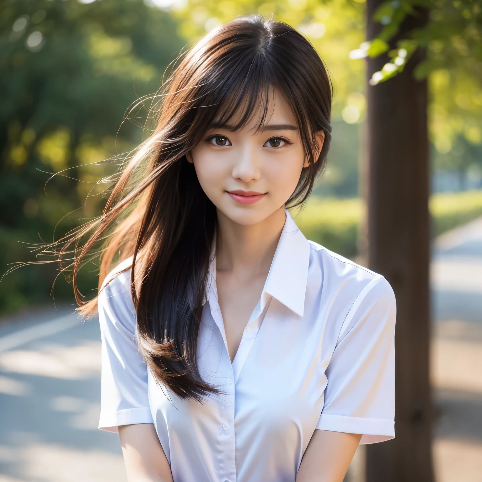 (highest quality、table top、8k、best image quality、Award-winning work)、One cute high school girl、alone、perfect beautiful composition、(Unbutton all the buttons on the uniform shirt:1.1)、(fully open uniform shirt:1.1)、(The chest of the uniform shirt bursts:1.1)、(Fully exposed breasts:1.1)、(unbutton your shirt、Fully exposes bare breasts:1.1)、(Uniform shirt with large exposed chest:1.1)、(exposing naked cleavage:1.2)、Perfect uniform ribbon on the chest、(Expose the collarbone:1.1)、slender body、A shy smile looks at me、(Strongly blurred school road background:1.1)、natural makeup、Ultra high definition beauty face、ultra high definition hair、Super high-definition sparkling eyes、(Pure white skin that shines with ultra-high resolution:1.1)、Super high resolution glossy lips、accurate anatomy、ultra high definition hair、very bright、(close up of face:1.1)